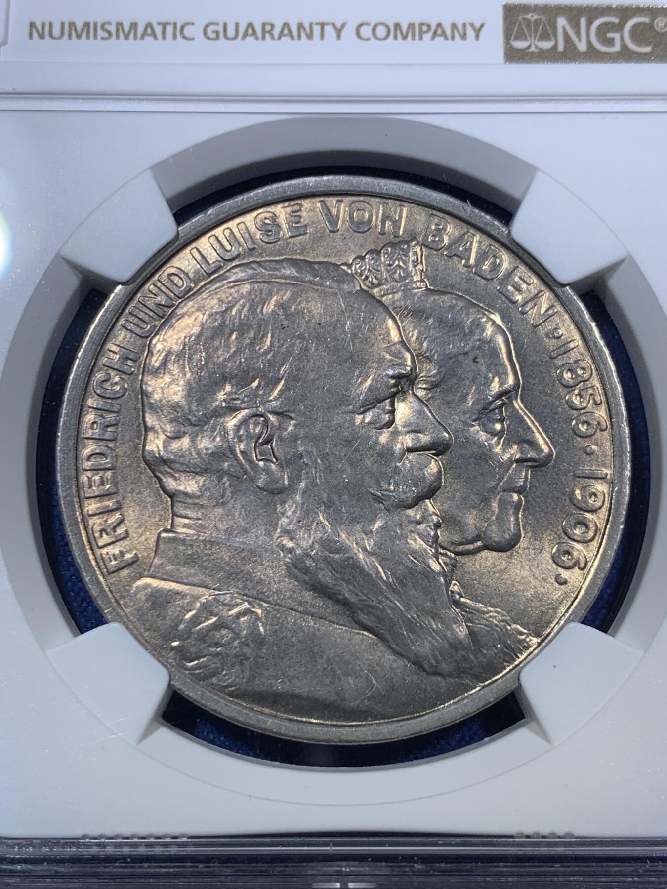 《竞宝斋》第294场- 周日，周一  2场连拍 （全场包邮） NGC MS63 德国1906巴登金婚5马克银币