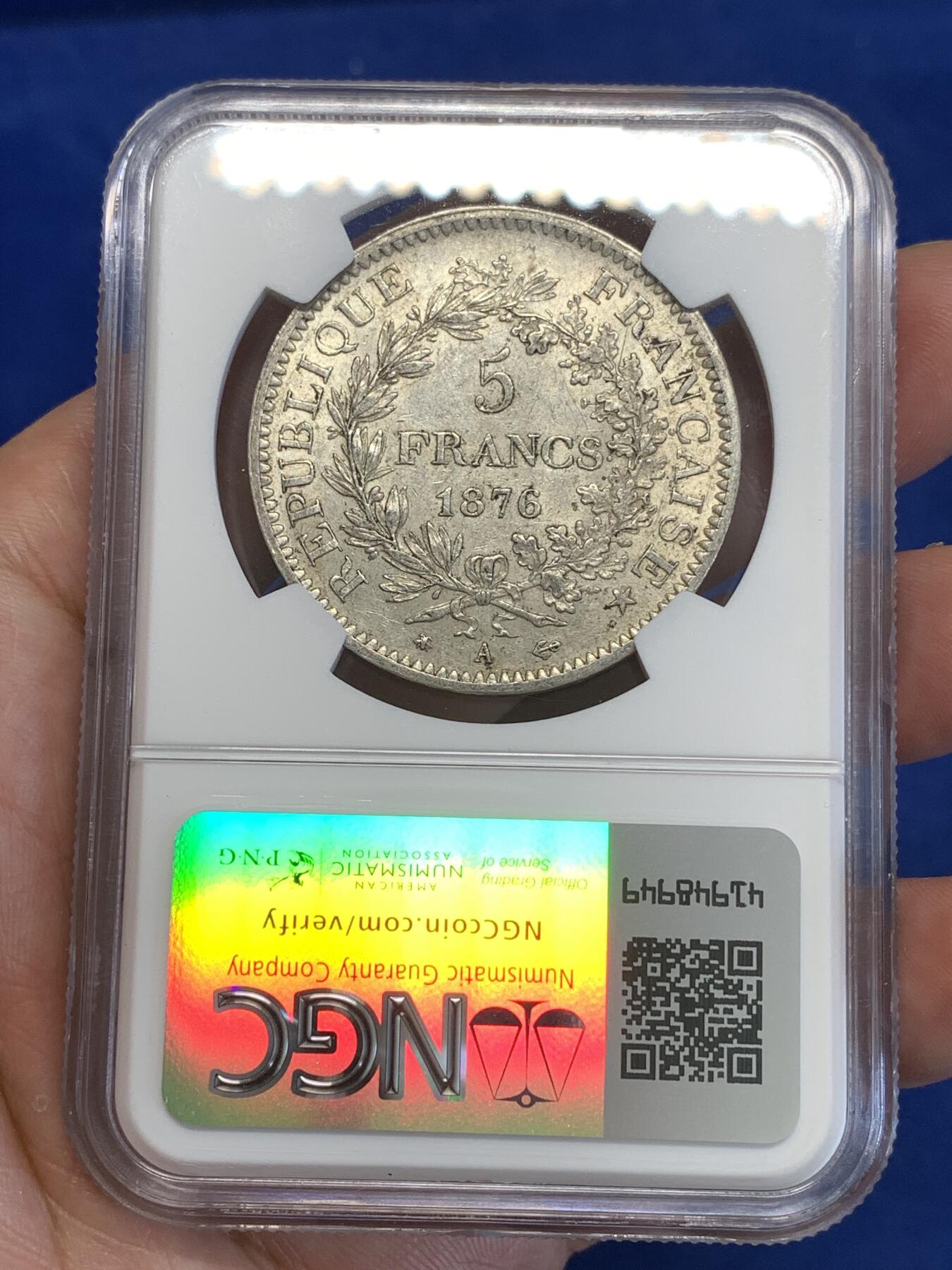 《竞宝斋》第294场- 周日，周一  2场连拍 （全场包邮） NGC AU58 法国1876A年大力神5法郎银币