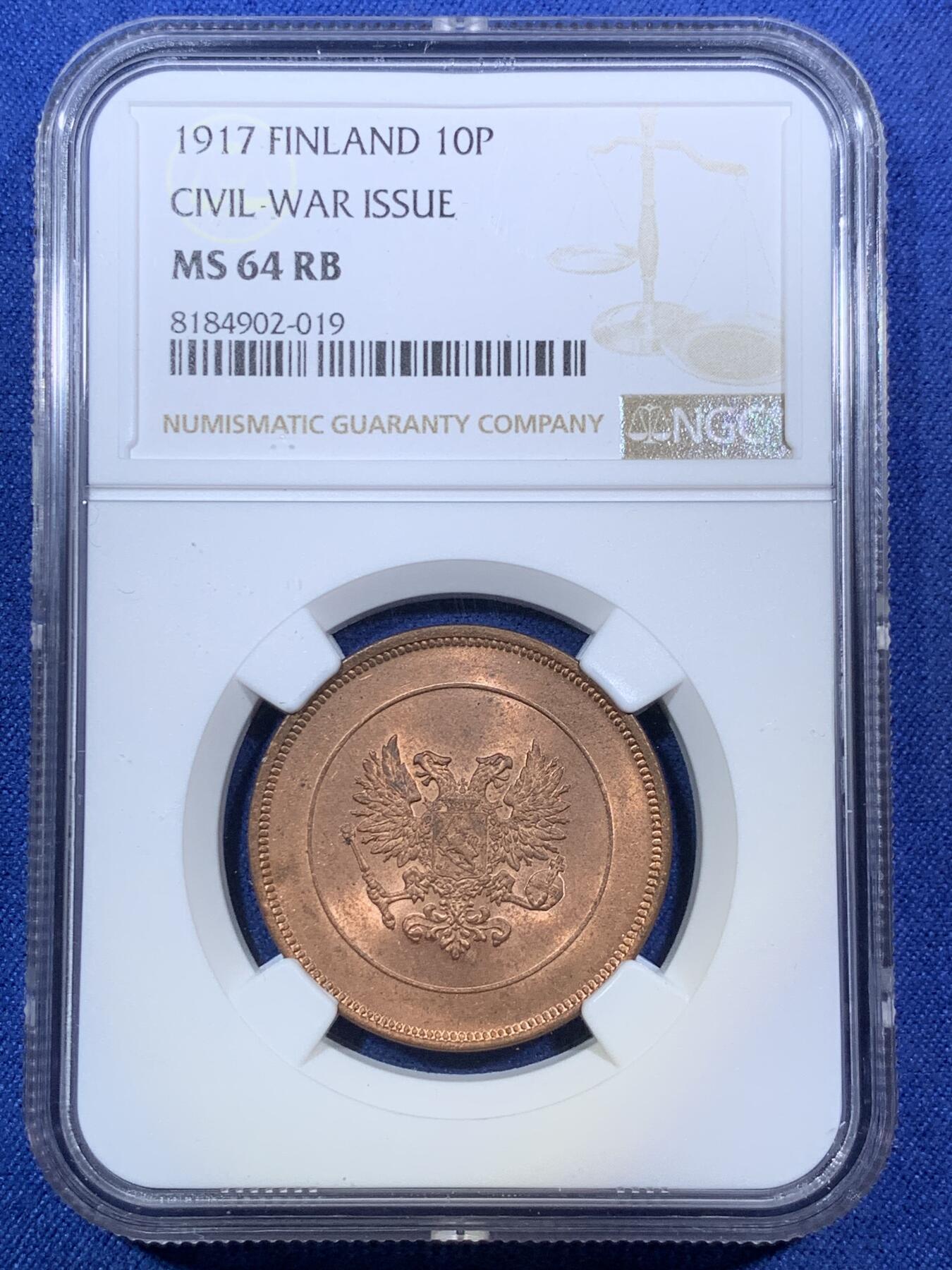 《竞宝斋》第294场- 周日，周一  2场连拍 （全场包邮） NGC MS64RB 俄占芬兰1917年克伦斯基临时政府无皇冠双头鹰10盆尼铜币