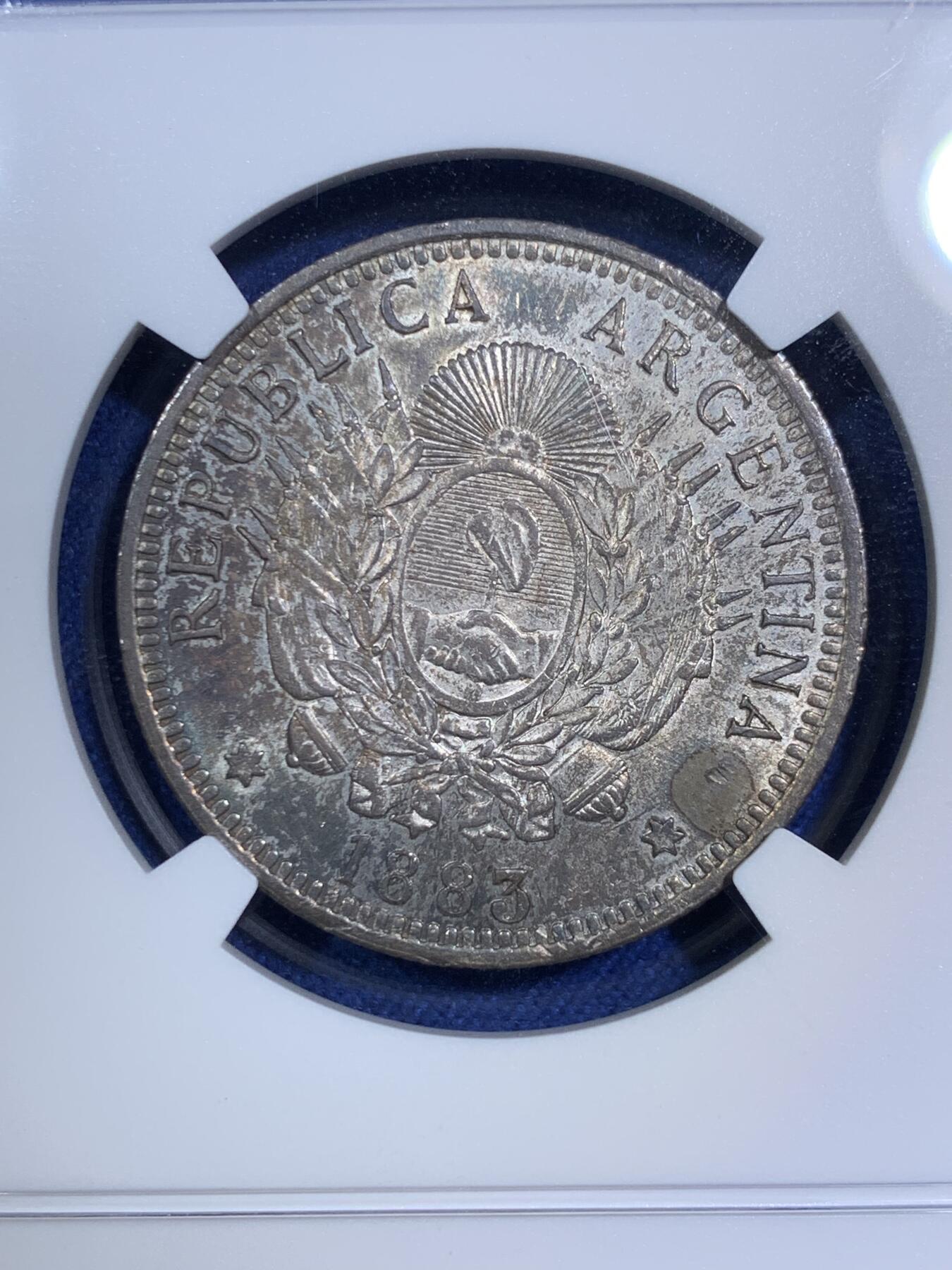 《竞宝斋》第294场- 周日，周一  2场连拍 （全场包邮） NGC MS62 阿根廷 1883年 50分银币 高分辅币 深黑包浆 PL底板状态难得