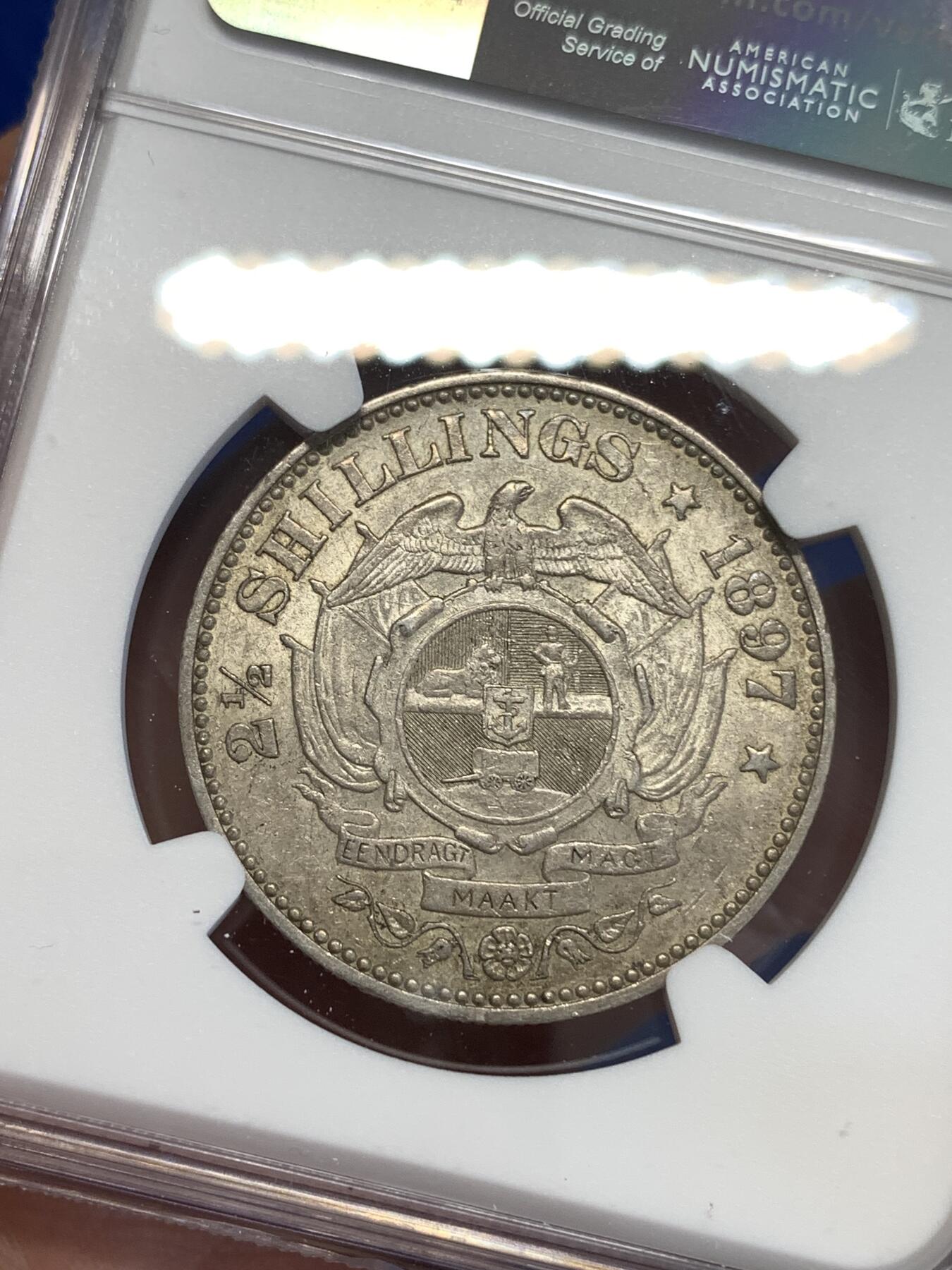 《竞宝斋》第294场- 周日，周一  2场连拍 （全场包邮） NGC AU55 南非1897斯瓦士兰2.5先令 大胡子经典设计，包浆好看凝霜感强