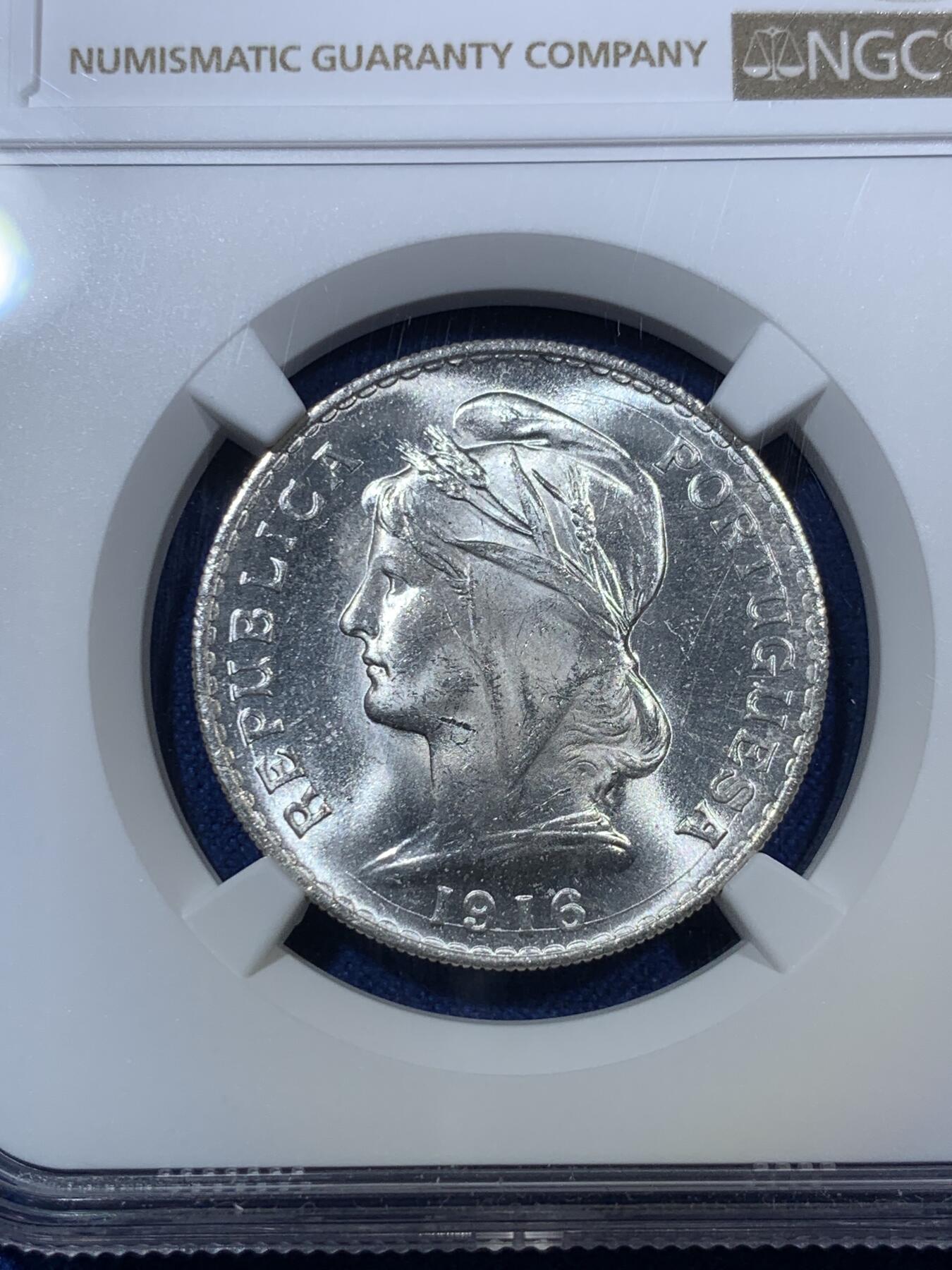 《竞宝斋》第294场- 周日，周一  2场连拍 （全场包邮） NGC MS64 葡萄牙1916年自由女神半圆50分银币