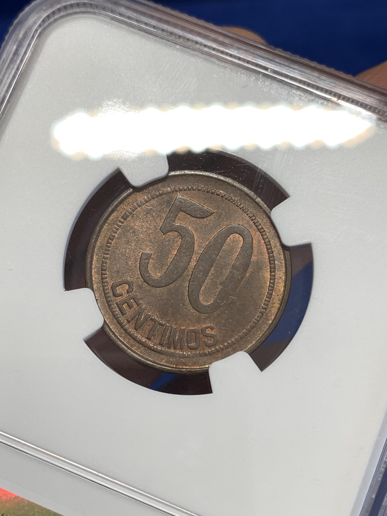 《竞宝斋》第294场- 周日，周一  2场连拍 （全场包邮） NGC MS64BN 西班牙1937（36）内战50分 坐人女神铜币