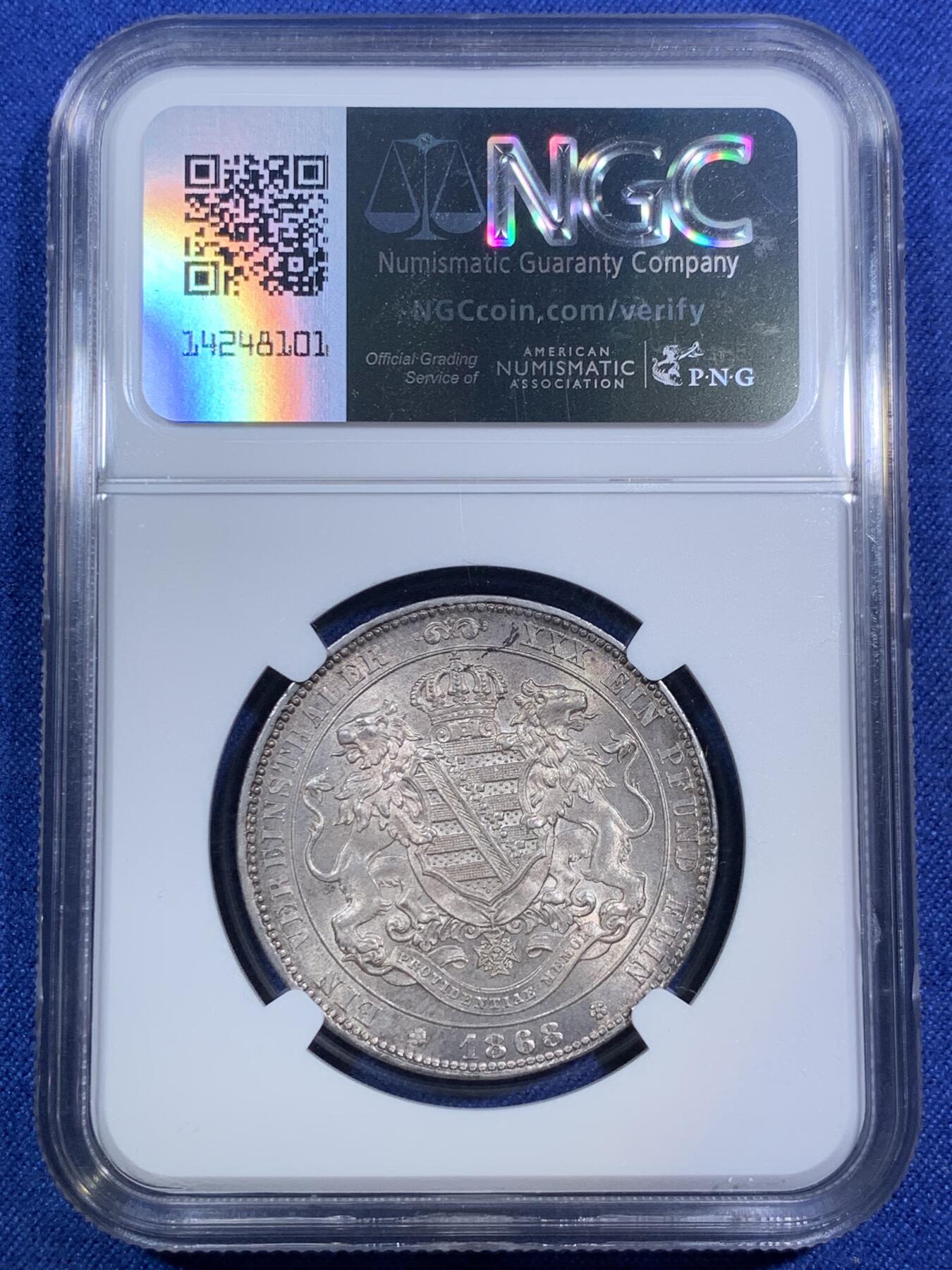 《竞宝斋》第294场- 周日，周一  2场连拍 （全场包邮） NGC MS62  德国 1868 萨克森 双狮流通1联合泰勒银币 紫罗兰包浆带十字光