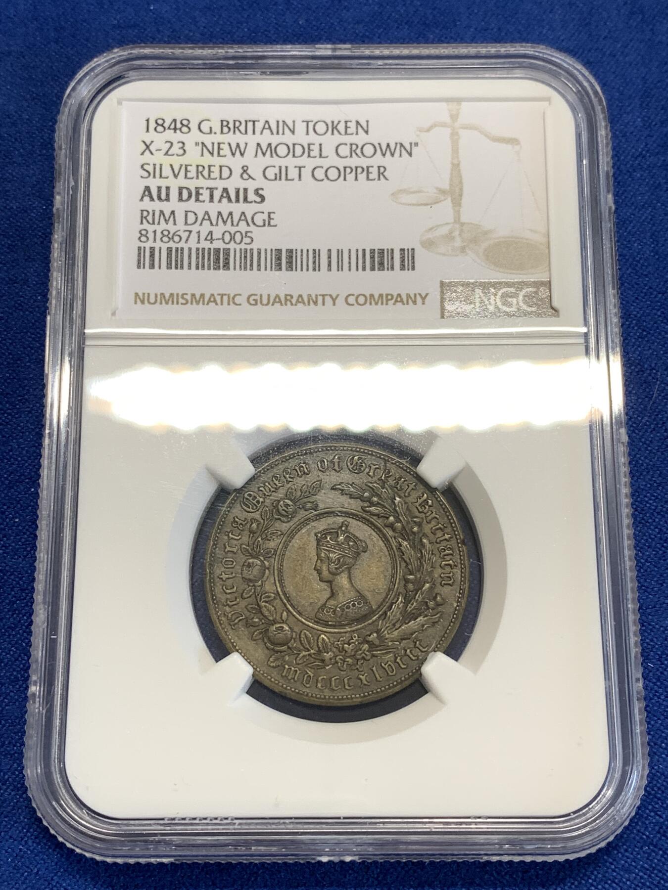 《竞宝斋》第294场- 周日，周一  2场连拍 （全场包邮） NGC AUD 英国 1848年 维多利亚 双色克朗 少见 X-23型 全铜无签字版