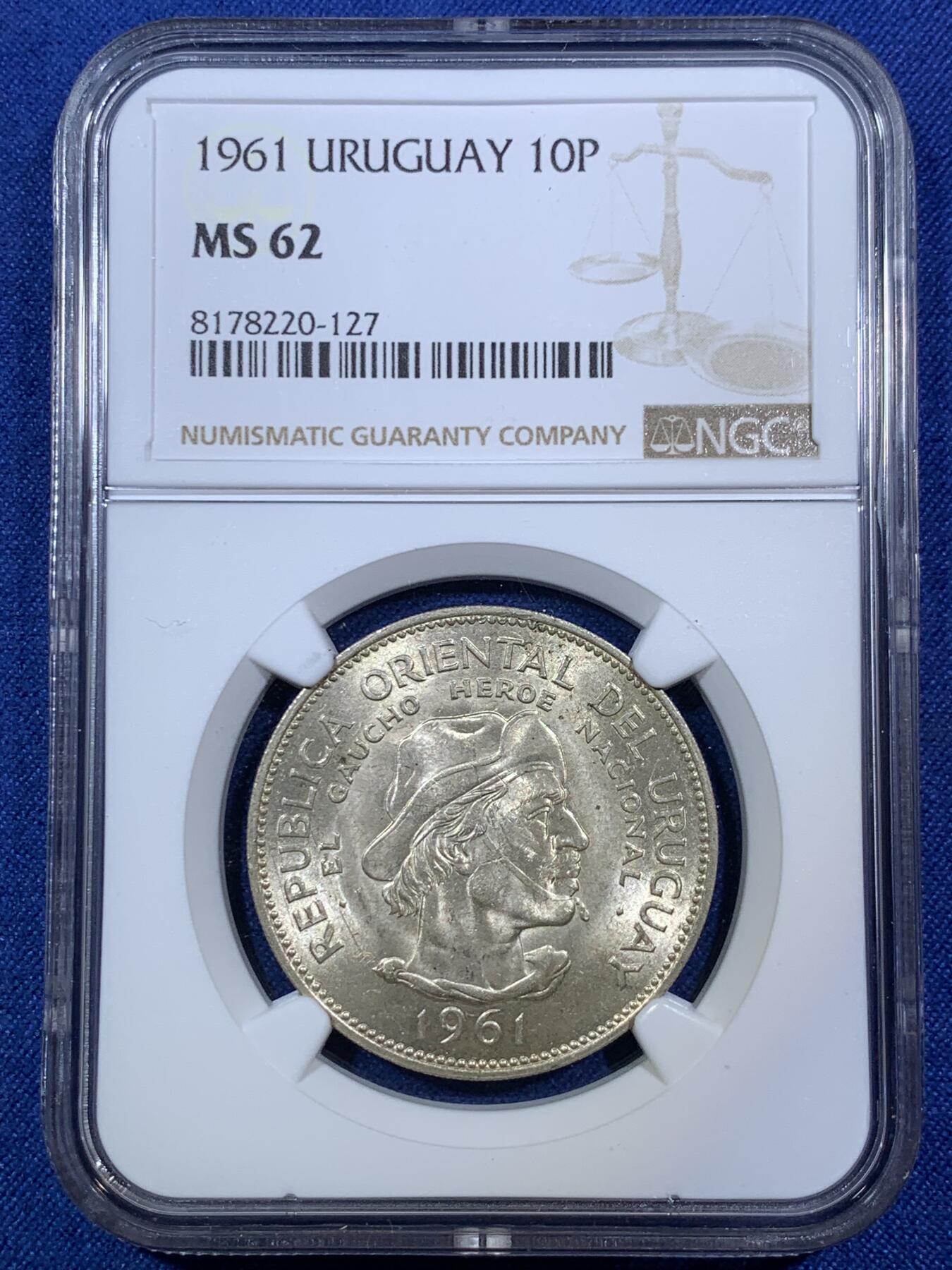 《竞宝斋》第294场- 周日，周一  2场连拍 （全场包邮） NGC MS62 乌拉圭1961年10比索银币