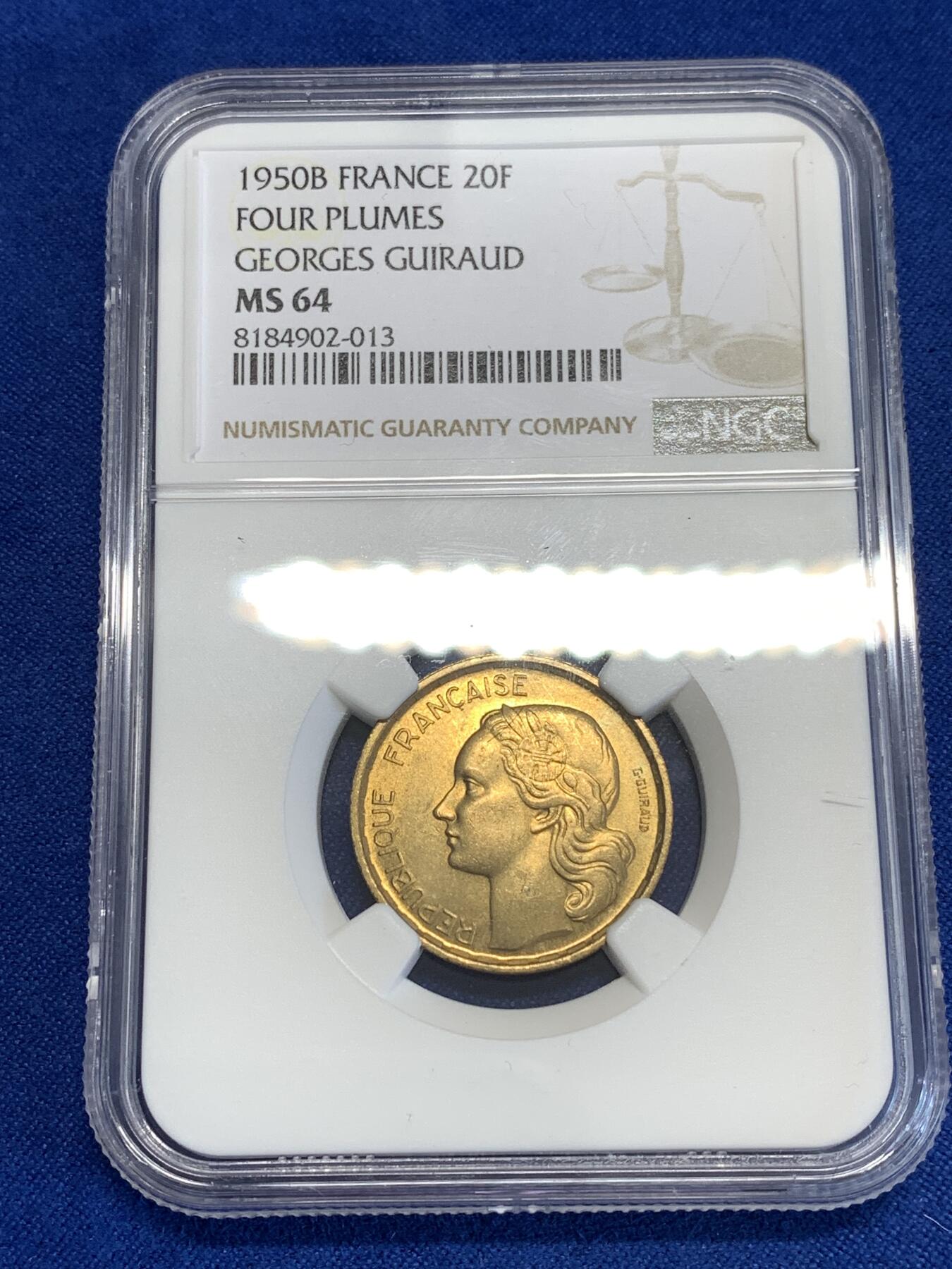《竞宝斋》第294场- 周日，周一  2场连拍 （全场包邮） NGC MS64 法国第四共和国时期1950女神20法郎铜币