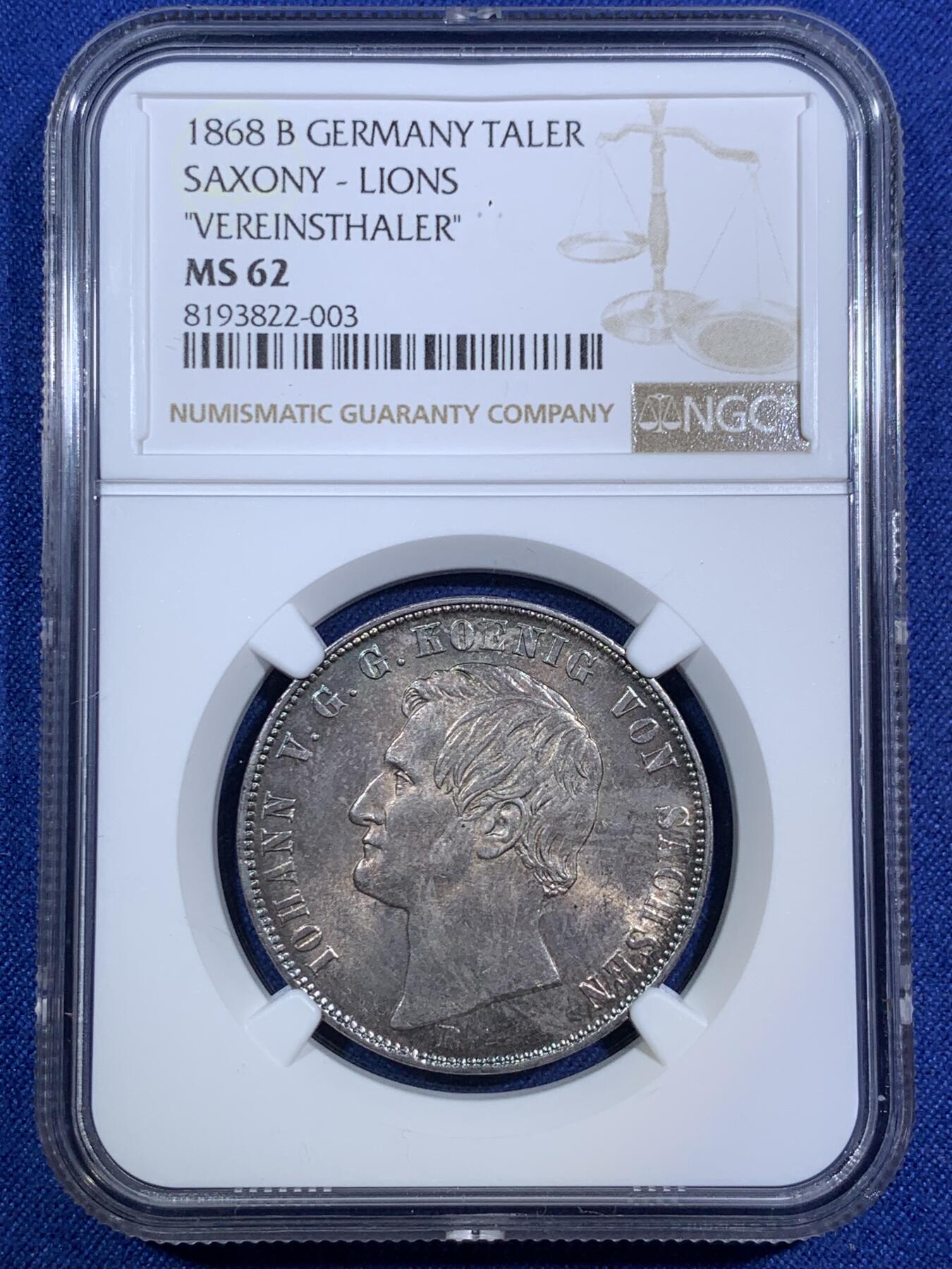 《竞宝斋》第294场- 周日，周一  2场连拍 （全场包邮） NGC MS62  德国 1868 萨克森 双狮流通1联合泰勒银币 紫罗兰包浆带十字光