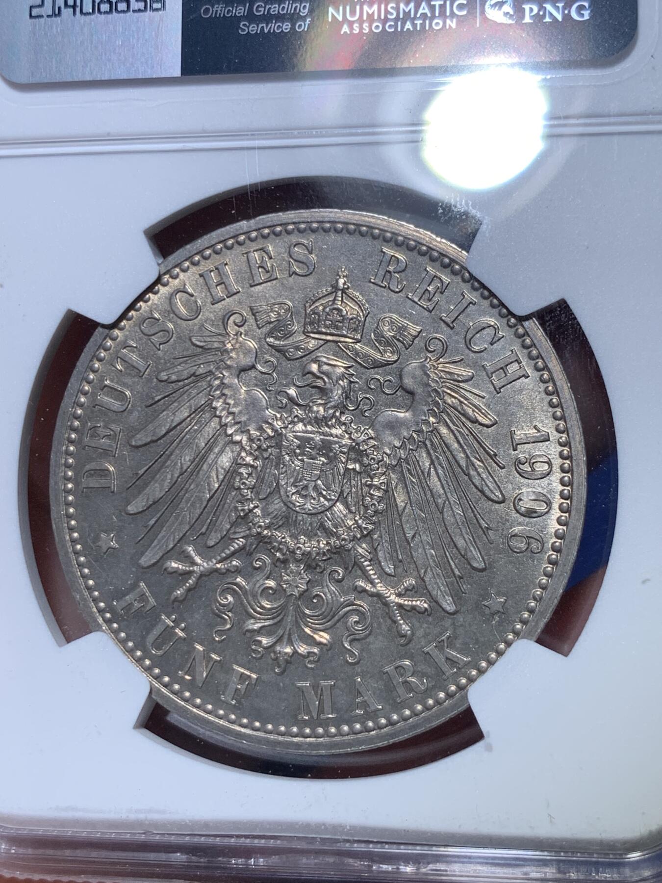 《竞宝斋》第294场- 周日，周一  2场连拍 （全场包邮） NGC MS63 德国1906巴登金婚5马克银币