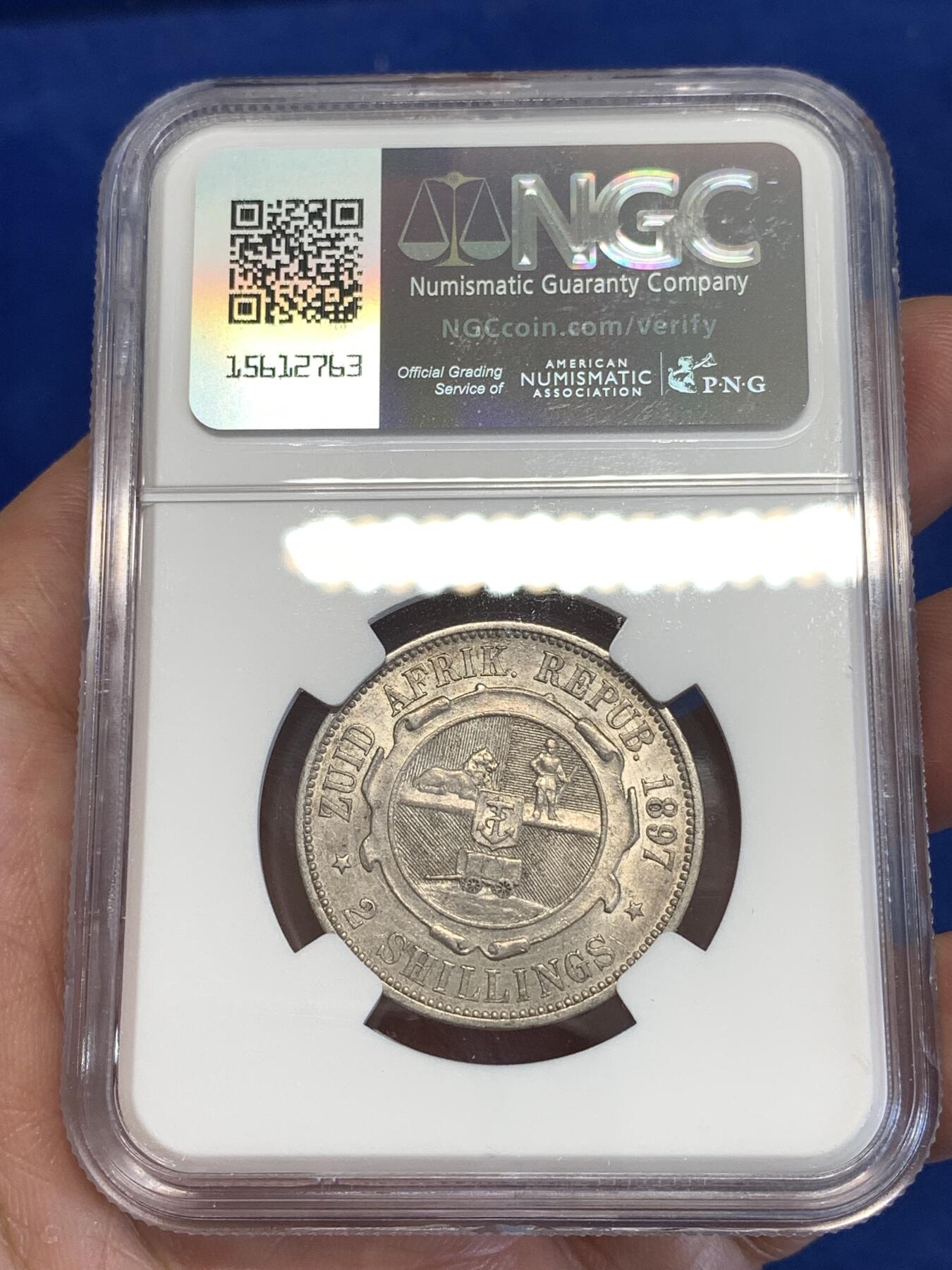 《竞宝斋》第294场- 周日，周一  2场连拍 （全场包邮） NGC AU55 南非1897年斯瓦士兰2先令 大胡子经典设计