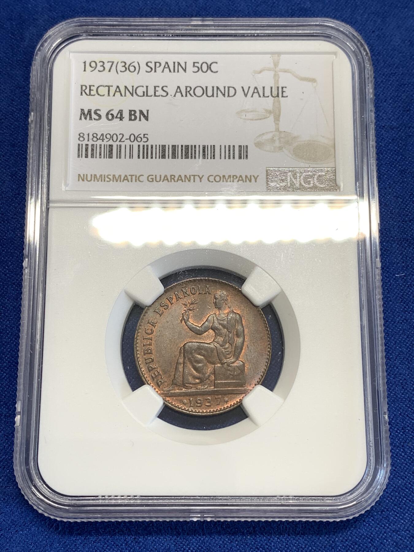 《竞宝斋》第294场- 周日，周一  2场连拍 （全场包邮） NGC MS64BN 西班牙1937（36）内战50分 坐人女神铜币