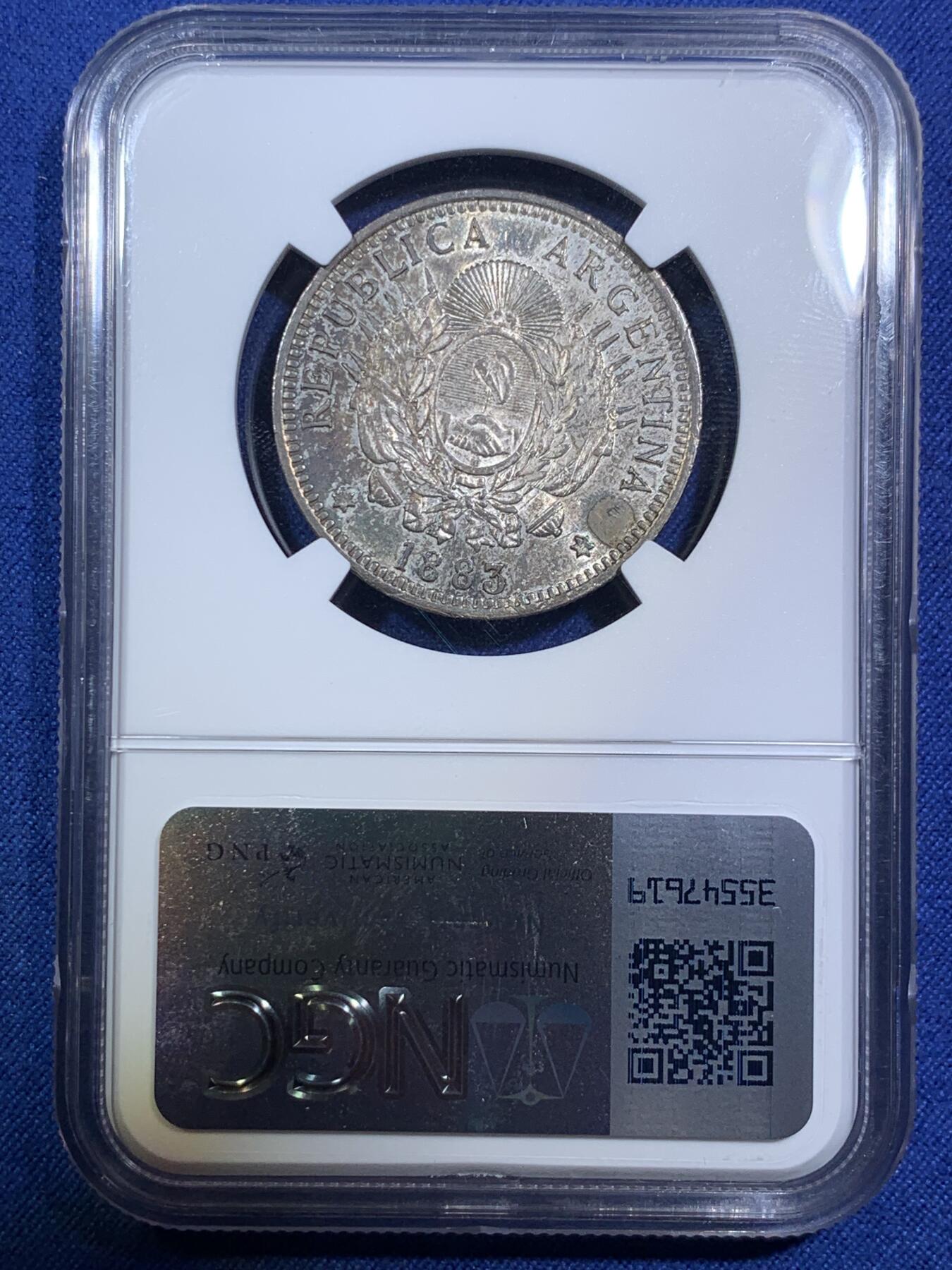 《竞宝斋》第294场- 周日，周一  2场连拍 （全场包邮） NGC MS62 阿根廷 1883年 50分银币 高分辅币 深黑包浆 PL底板状态难得