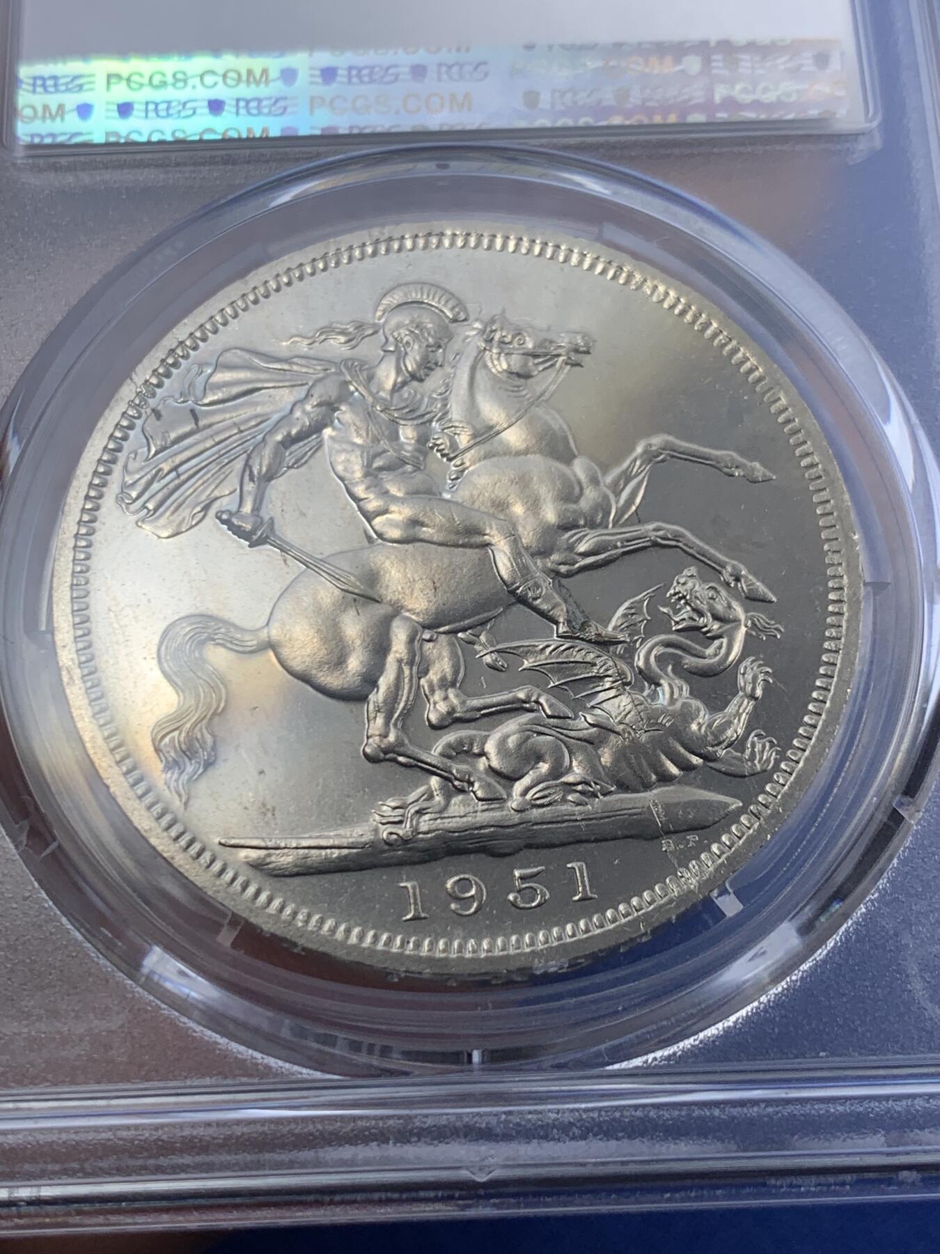 《竞宝斋》第294场- 周日，周一  2场连拍 （全场包邮） NGC PL64 英国1951年乔治六世克朗 最后的镍马剑