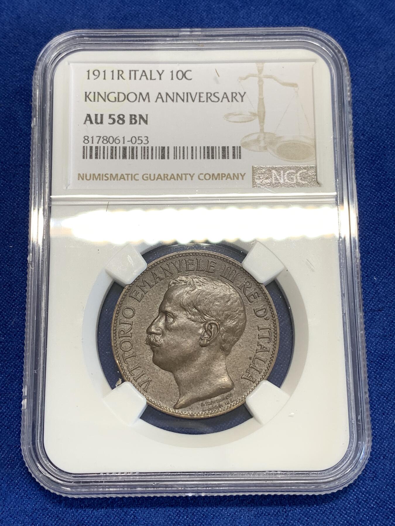 《竞宝斋》第294场- 周日，周一  2场连拍 （全场包邮） NGC AU58BN 意大利1911年建国50周年纪念10分托奶铜币