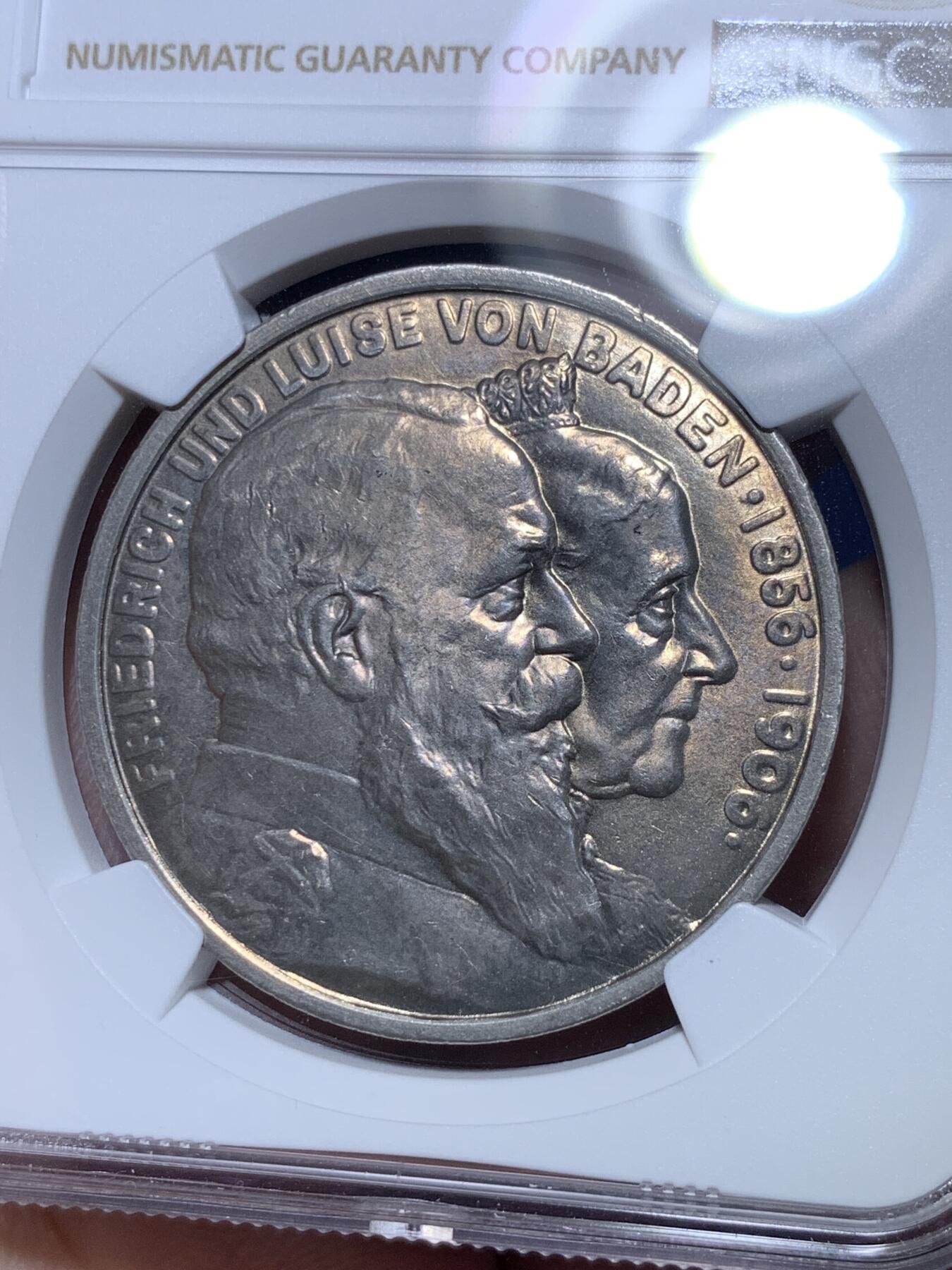 《竞宝斋》第294场- 周日，周一  2场连拍 （全场包邮） NGC MS63 德国1906巴登金婚5马克银币