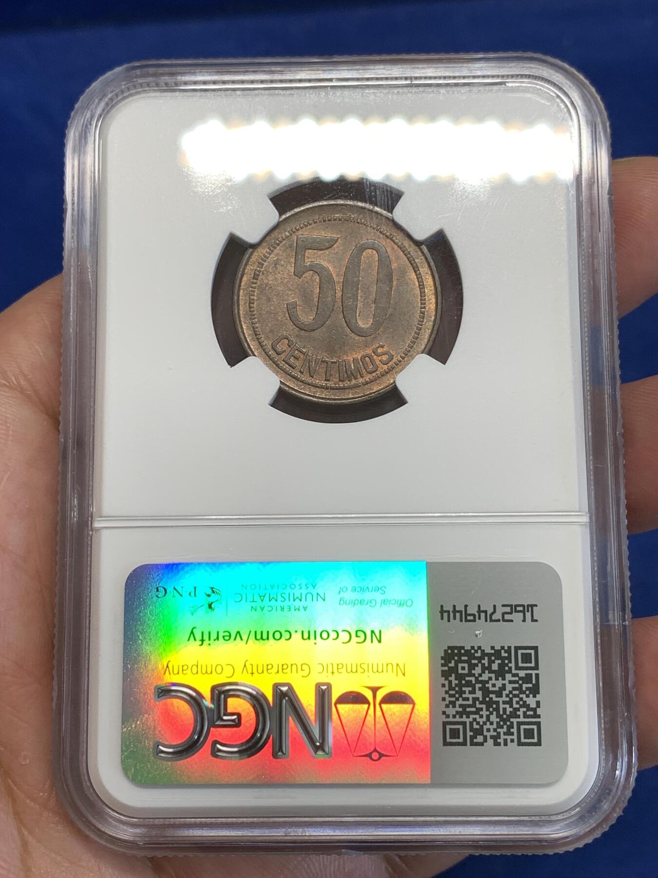 《竞宝斋》第294场- 周日，周一  2场连拍 （全场包邮） NGC MS64BN 西班牙1937（36）内战50分 坐人女神铜币