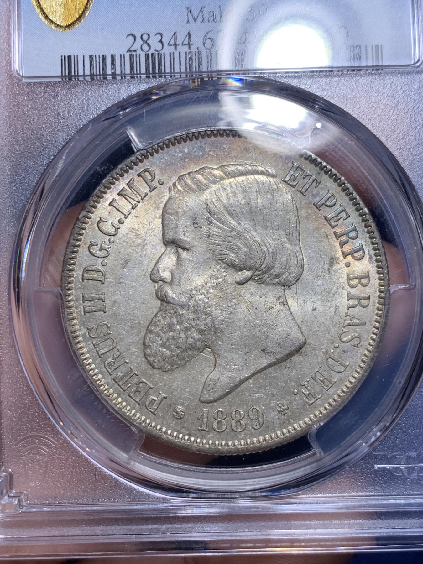 《竞宝斋》第294场- 周日，周一  2场连拍 （全场包邮） PCGS MS63 巴西帝国1889年佩德罗二世2000R大银币