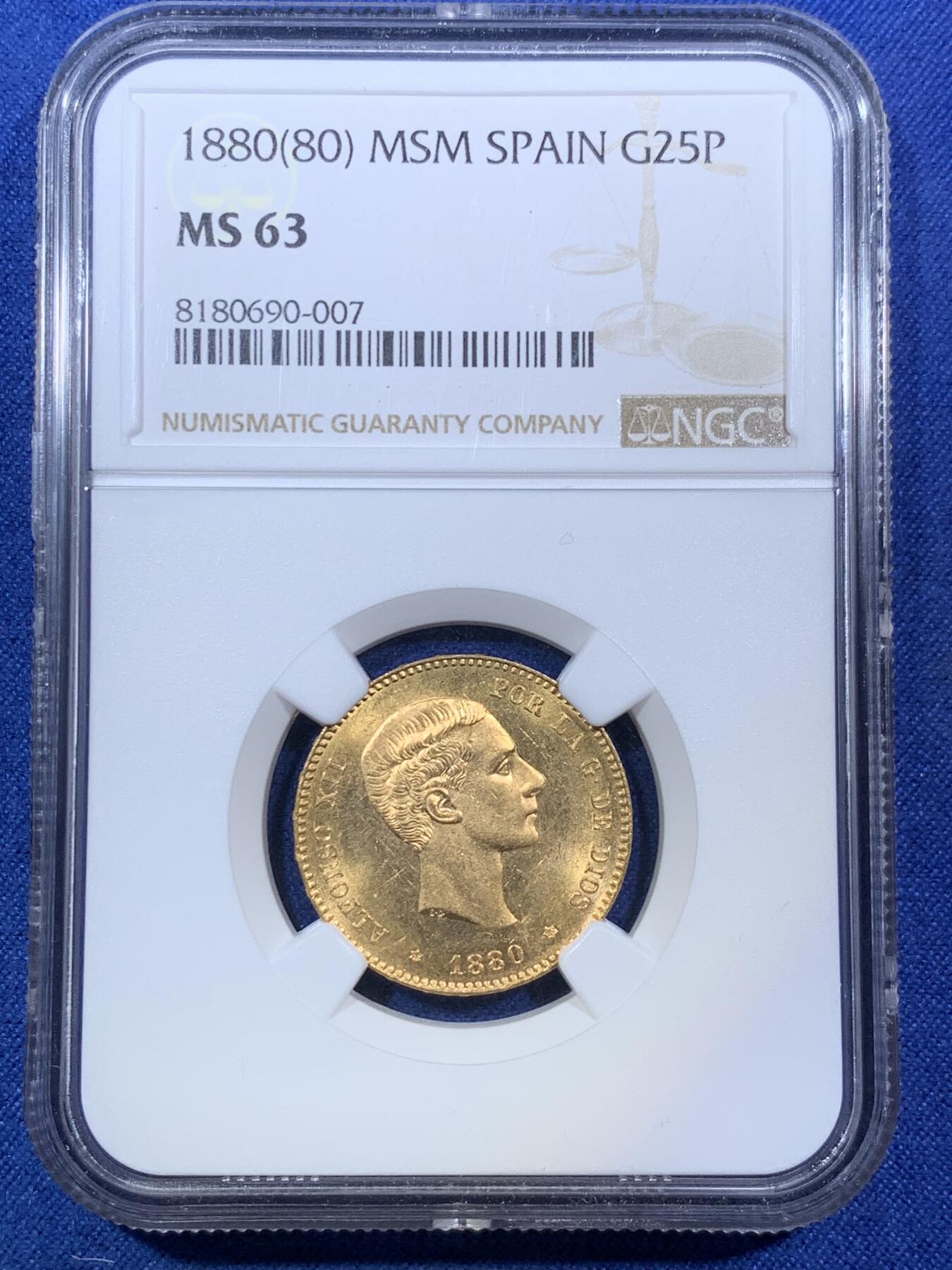 《竞宝斋》第294场- 周日，周一  2场连拍 （全场包邮） NGC MS63 西班牙1880年阿方索十二世25比塞塔金币 8.06克