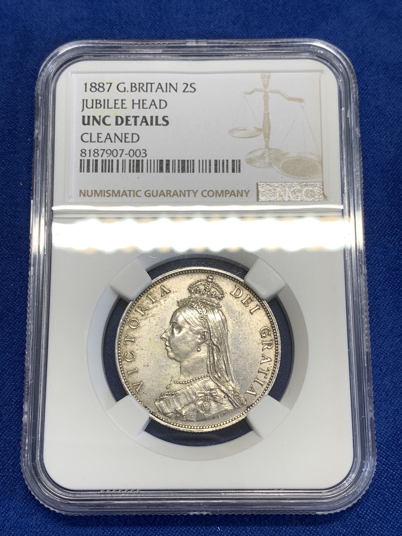 《竞宝斋》第294场- 周日，周一  2场连拍 （全场包邮） NGC UNC 英国1887年维多利亚女王1弗洛林 2先令银币