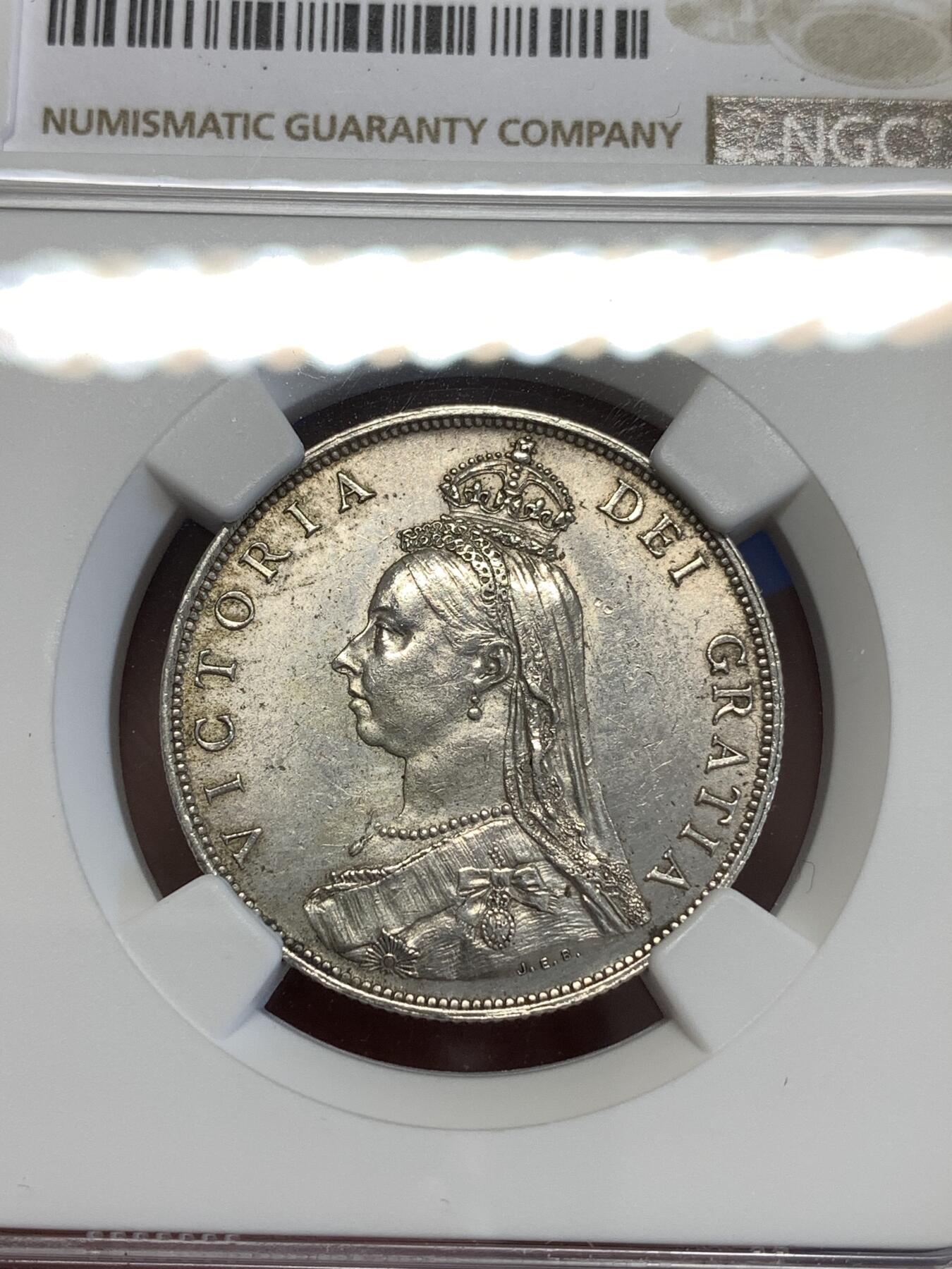 《竞宝斋》第294场- 周日，周一  2场连拍 （全场包邮） NGC UNC 英国1887年维多利亚女王1弗洛林 2先令银币