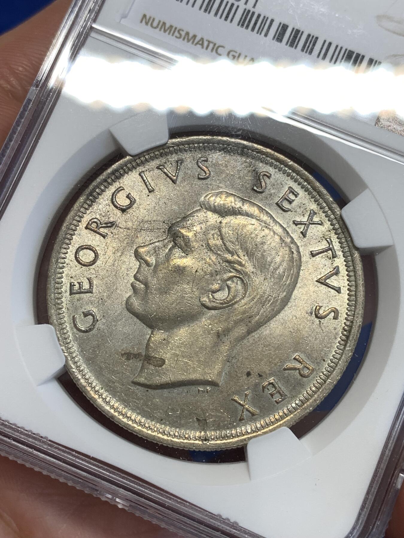 《竞宝斋》第294场- 周日，周一  2场连拍 （全场包邮） NGC MS61 南非1952年乔治六世发现开普敦5先令克朗型大银币 原光