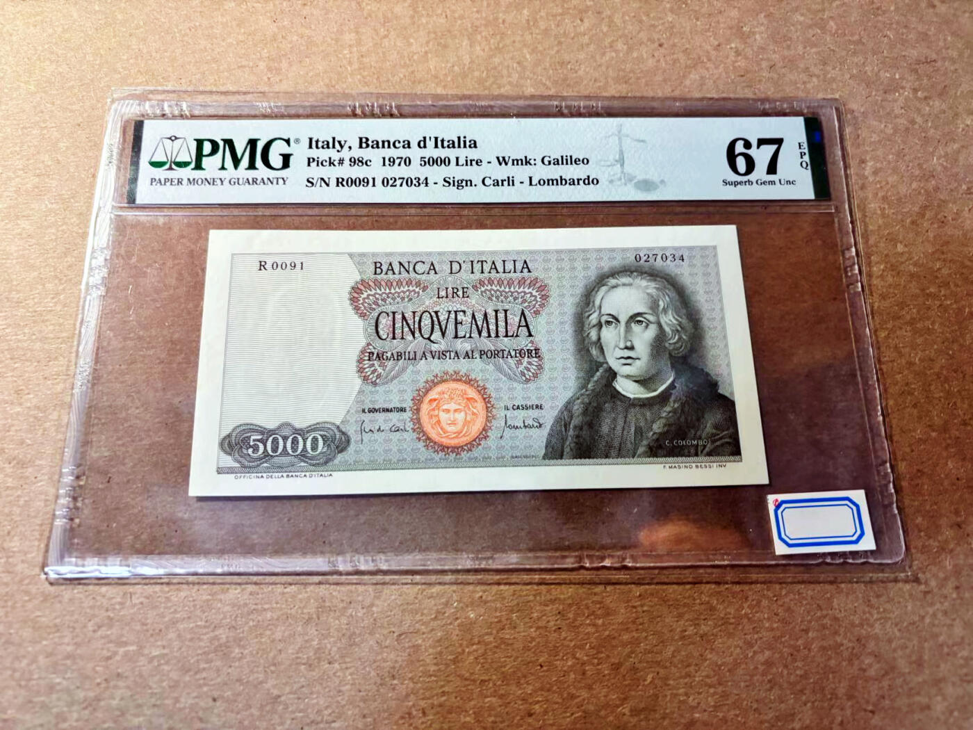【Blue Auction】✨世界纸币精拍第520期【精】 意大利 1970年5000里拉  PMG67EPQ 高分 哥伦布