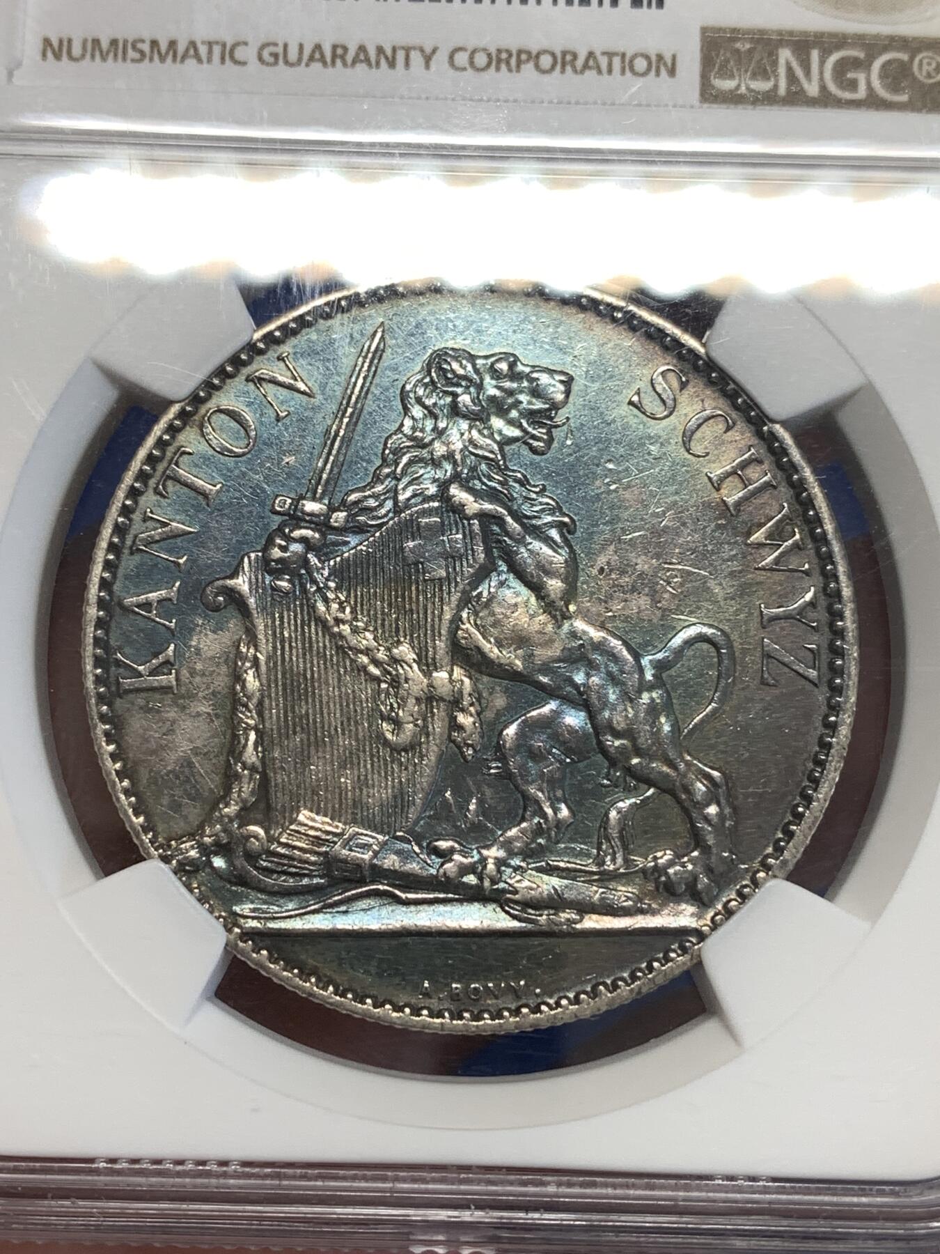 《竞宝斋》第294场- 周日，周一  2场连拍 （全场包邮） NGC AUD 瑞士 1867 施维茨射击节 5法郎 银币 发行量8000枚