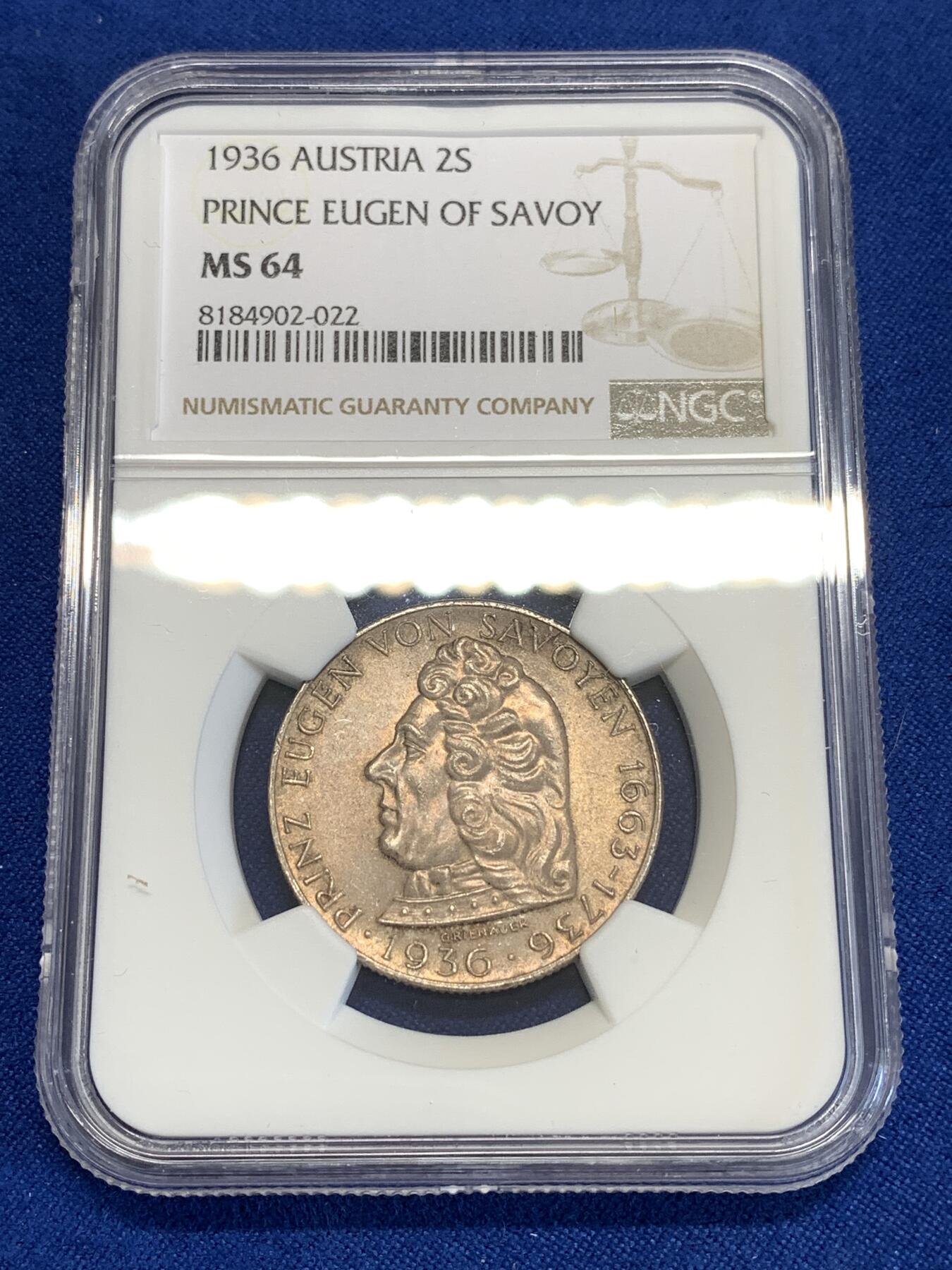 《竞宝斋》第294场- 周日，周一  2场连拍 （全场包邮） NGC MS64 奥地利 1936年 欧根亲王 2先令 银币
