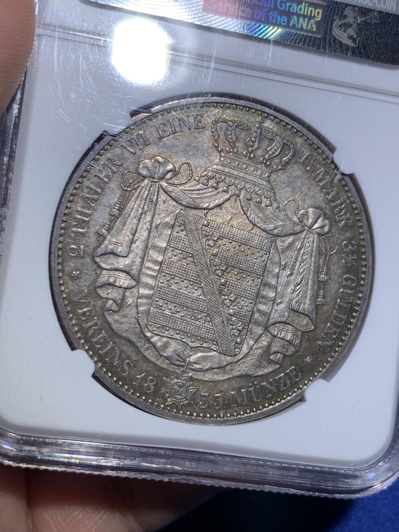 《竞宝斋》第294场- 周日，周一  2场连拍 （全场包邮） NGC MS61 德国 1855萨克森流通纹章2泰勒 约翰五世2泰勒的首年，37克大银币，两年发行品种，NGC亚军分，包浆好看