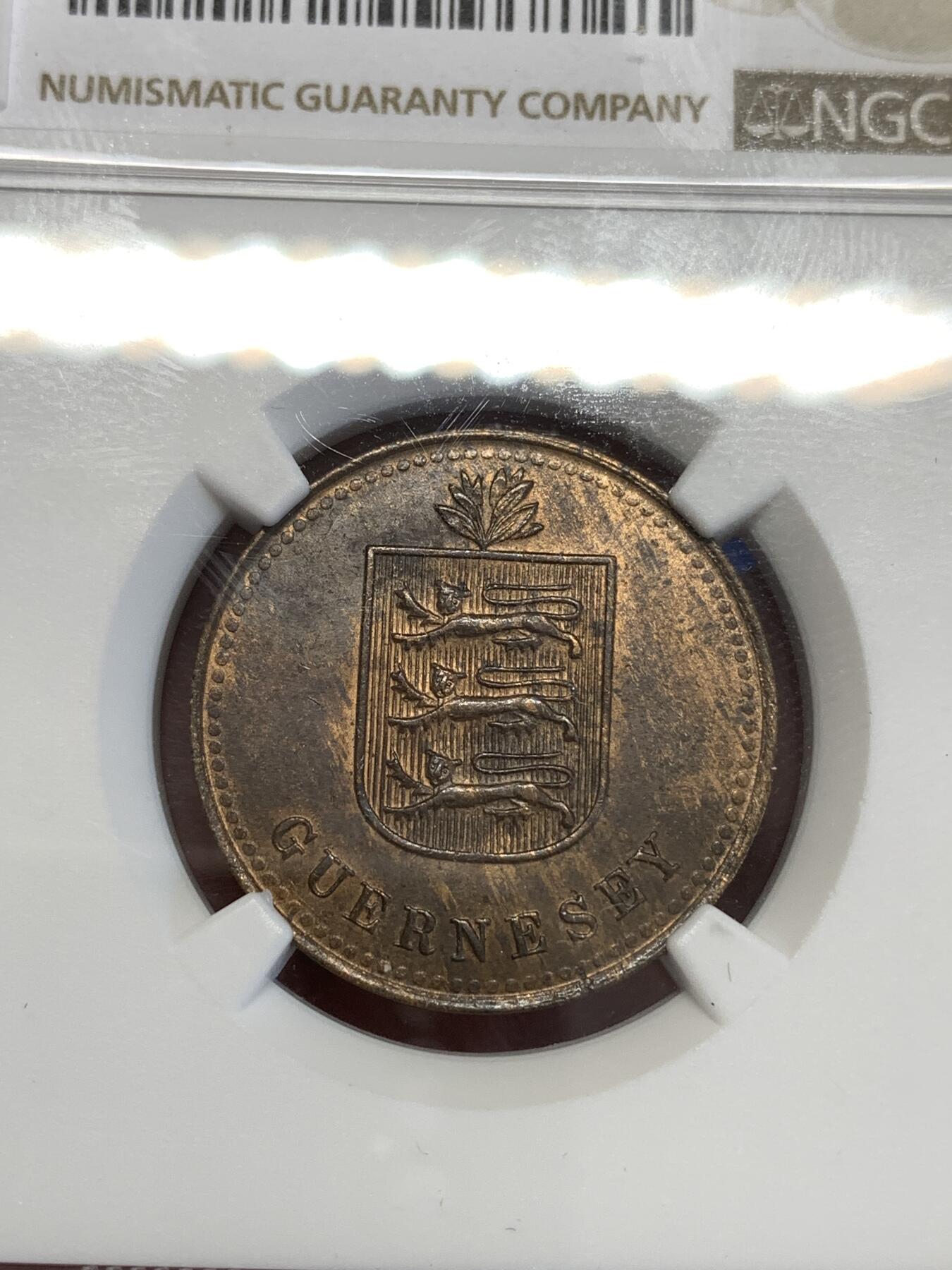 《竞宝斋》第294场- 周日，周一  2场连拍 （全场包邮） NGC MS63BN 1920H 格恩西/根西 4道布大铜币 国徽面细节极为清晰 两面转光 百年老币 好品极为不易
