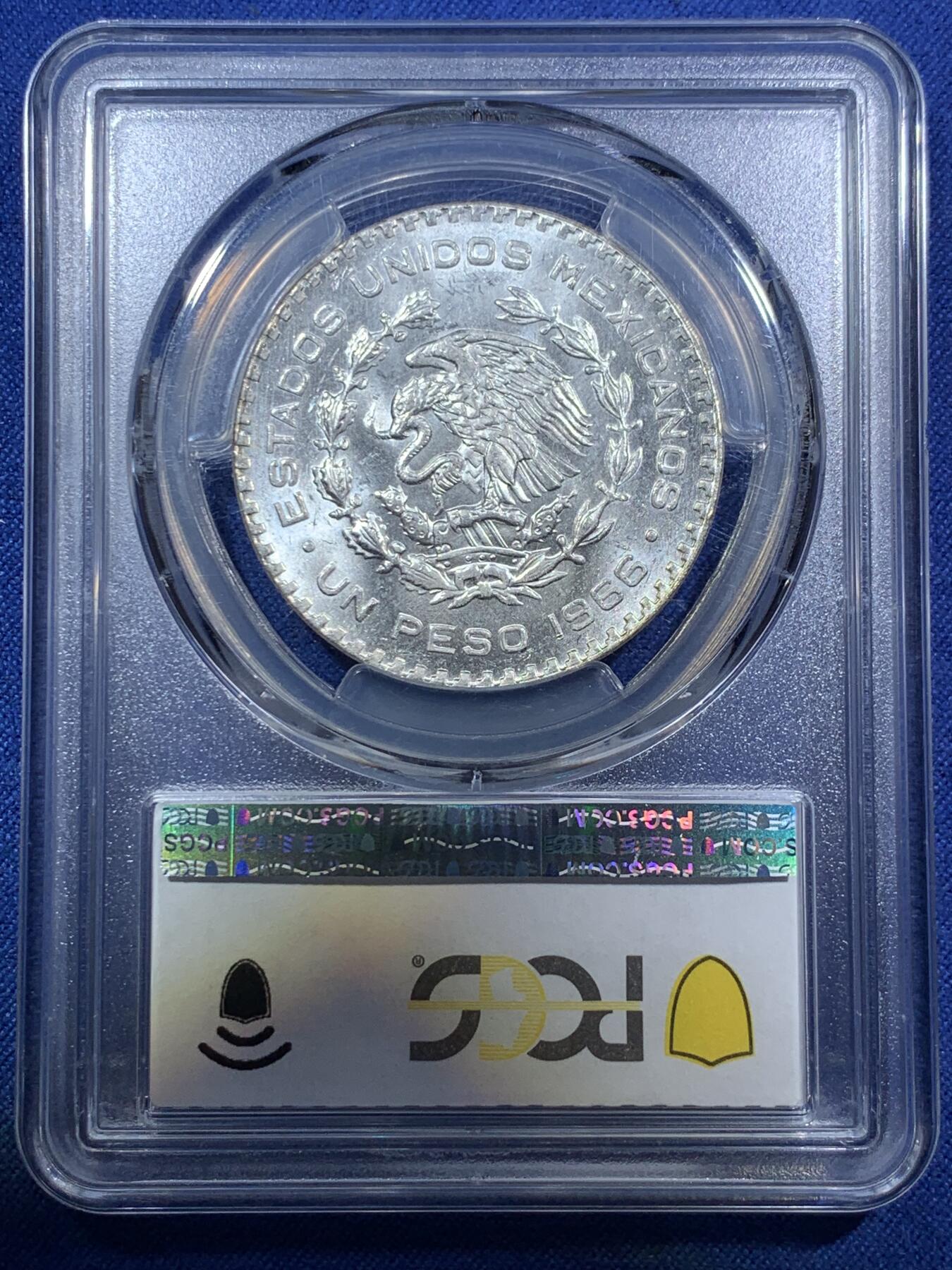 《竞宝斋》第294场- 周日，周一  2场连拍 （全场包邮） PCGS MS65 墨西哥1966年海盗鹰洋1比索银币