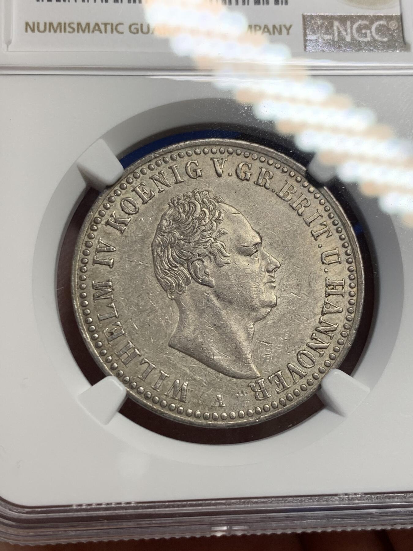 《竞宝斋》第294场- 周日，周一  2场连拍 （全场包邮） NGC AU55 德国汉诺威1837年威廉四世1泰勒 银币  汉诺威王朝 英国国王兼汉诺威国王