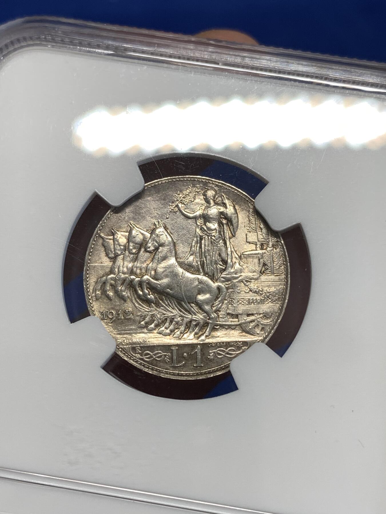 《竞宝斋》第294场- 周日，周一  2场连拍 （全场包邮） NGC UNC 意大利1912年圈版马车1里拉银币 少见版别