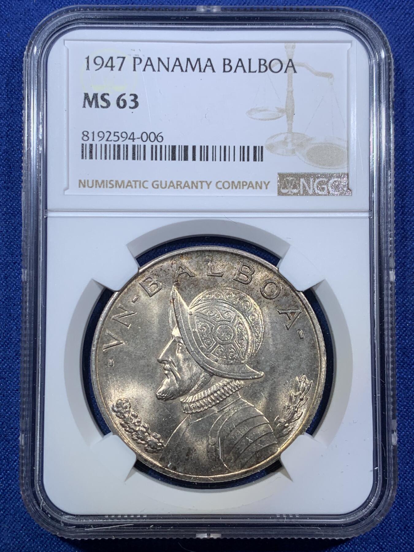 《竞宝斋》第294场- 周日，周一  2场连拍 （全场包邮） NGC MS63 巴拿马1947年巴尔博亚大银币 转光丝滑 极美金色包浆