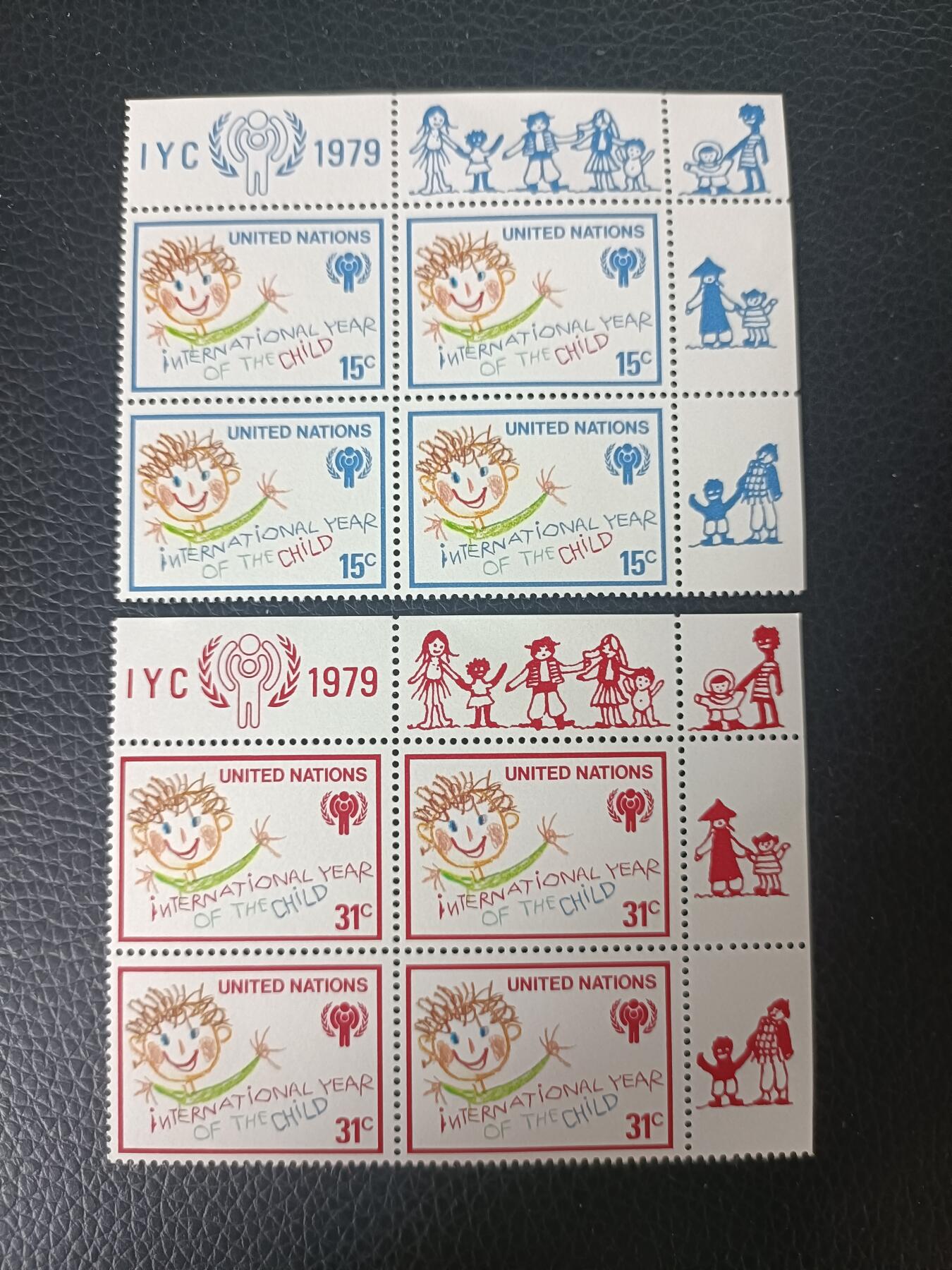69外国邮票 联合国1979年发行《儿童年-儿童绘画》新票2全 方联 带边纸