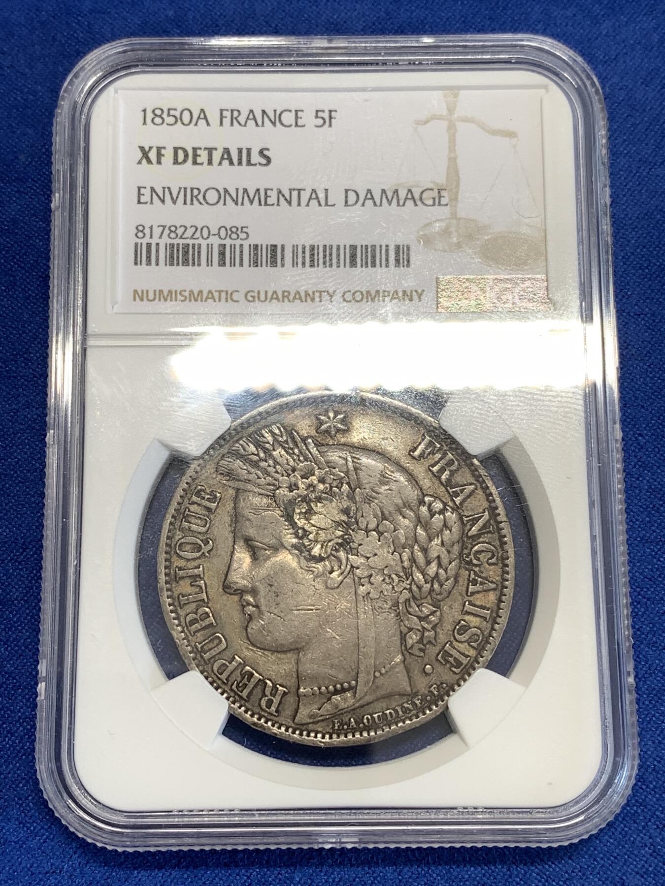 《竞宝斋》第294场- 周日，周一  2场连拍 （全场包邮） NGC XF 法国1850年谷物女神5法郎银币 原味包浆