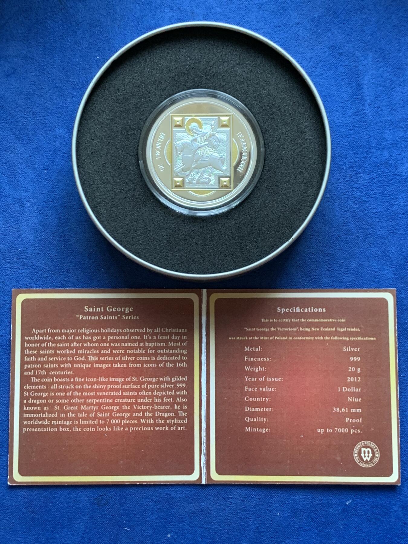 《竞宝斋》第294场- 周日，周一  2场连拍 （全场包邮） 2014年 纽埃 1元 圣乔治 发行数量：7000 镀金 999银 20克 带盒证 （证书上年份错印为2012年）