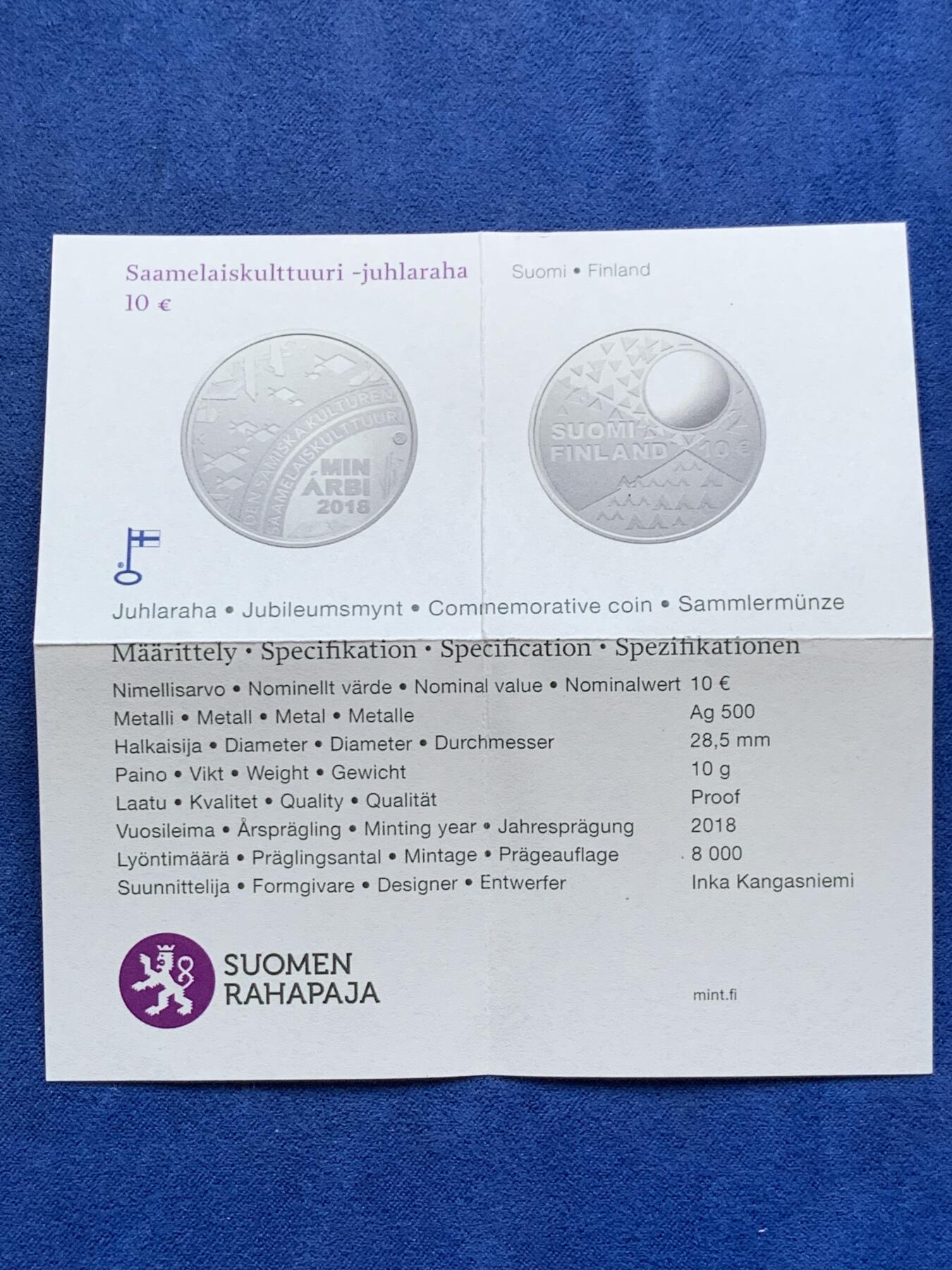 《竞宝斋》第294场- 周日，周一  2场连拍 （全场包邮） 2018年 芬兰 10欧元 撒西咪文化纪念 发行数量：8000 银0.5 10克 原盒证