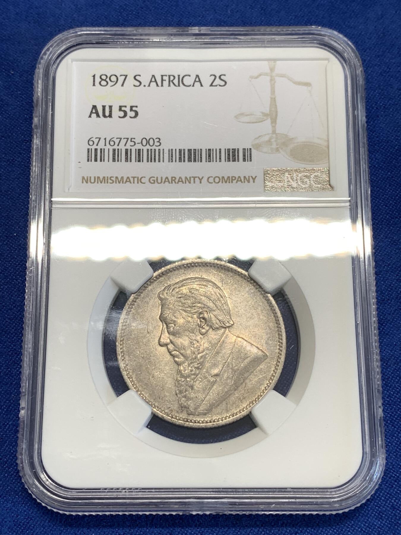 《竞宝斋》第294场- 周日，周一  2场连拍 （全场包邮） NGC AU55 南非1897年斯瓦士兰2先令 大胡子经典设计