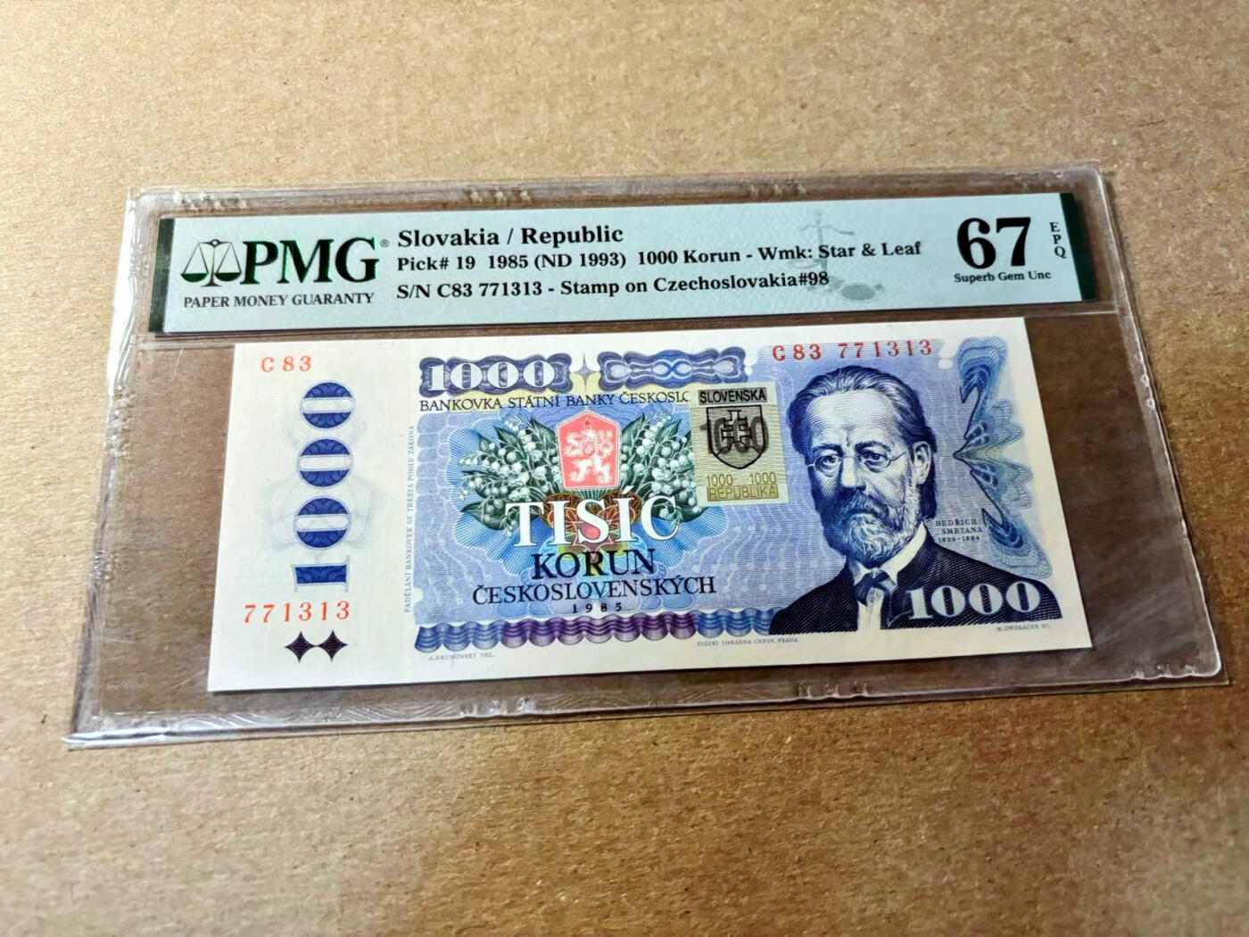 【Blue Auction】✨世界纸币精拍第520期【精】 【贴票版】斯洛伐克 1993年1000克朗 PMG67EPQ 高分