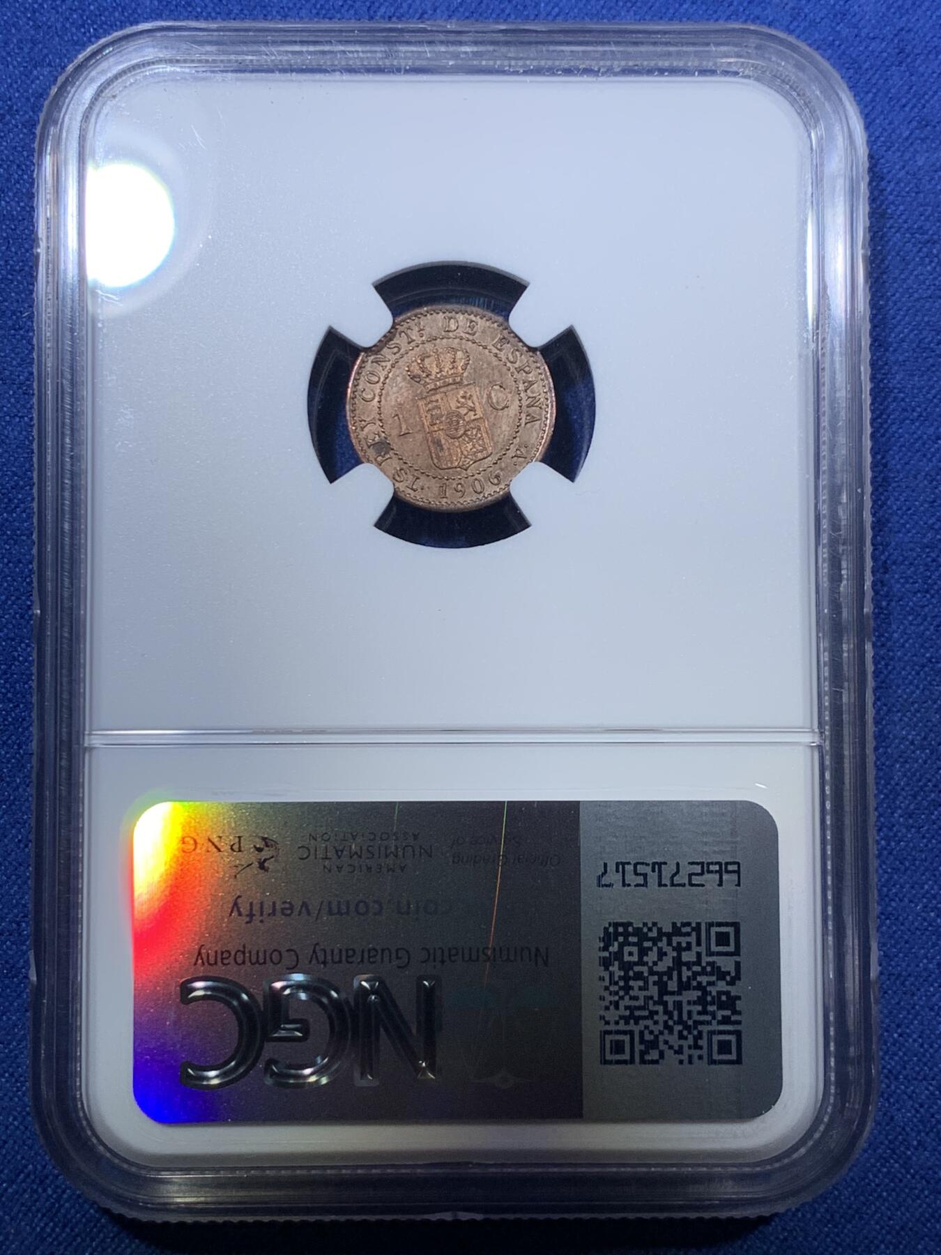 《竞宝斋》第294场- 周日，周一  2场连拍 （全场包邮） NGC UNCD 西班牙1906阿方索十三世1分铜币