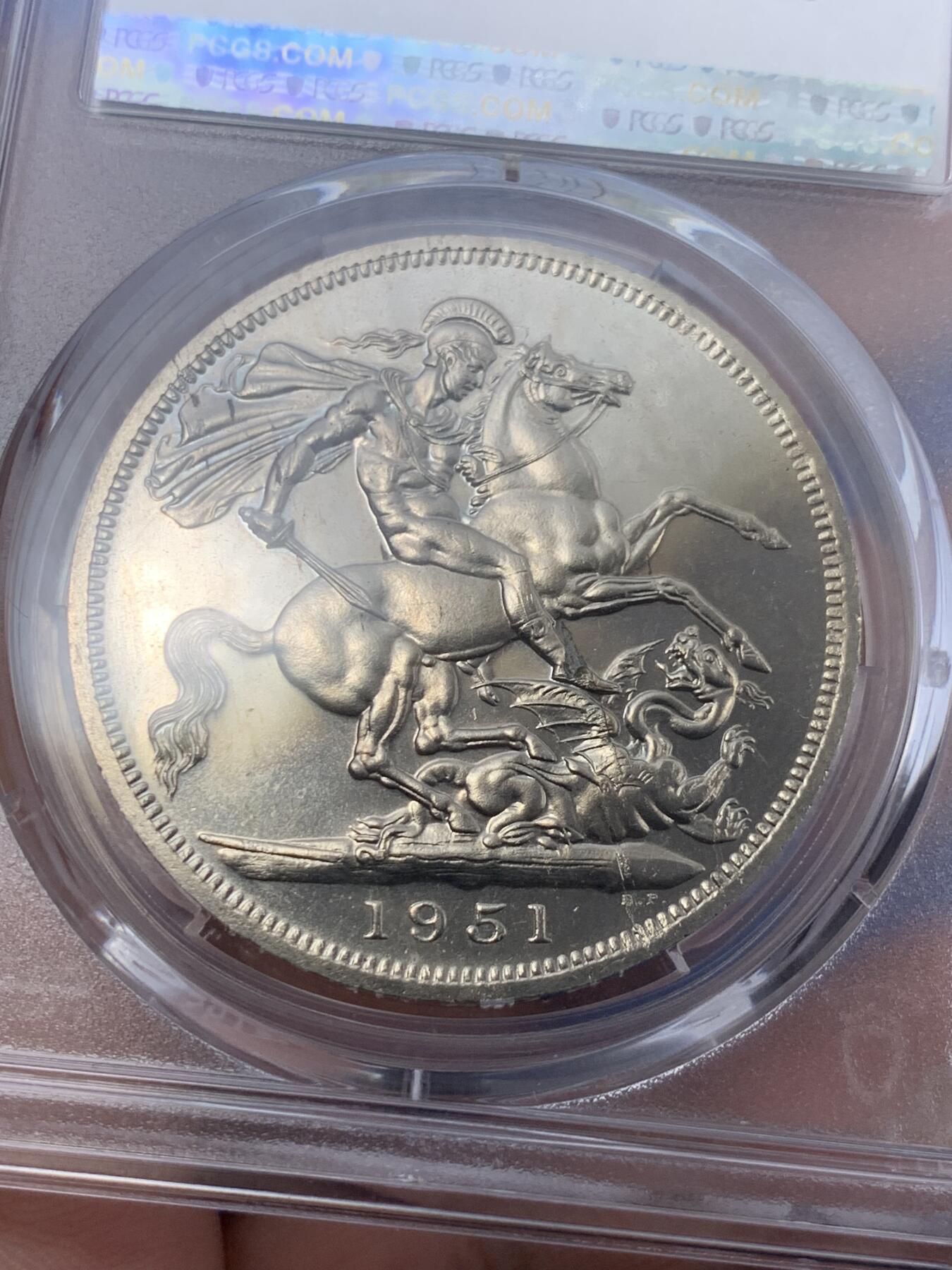 《竞宝斋》第294场- 周日，周一  2场连拍 （全场包邮） NGC PL64 英国1951年乔治六世克朗 最后的镍马剑