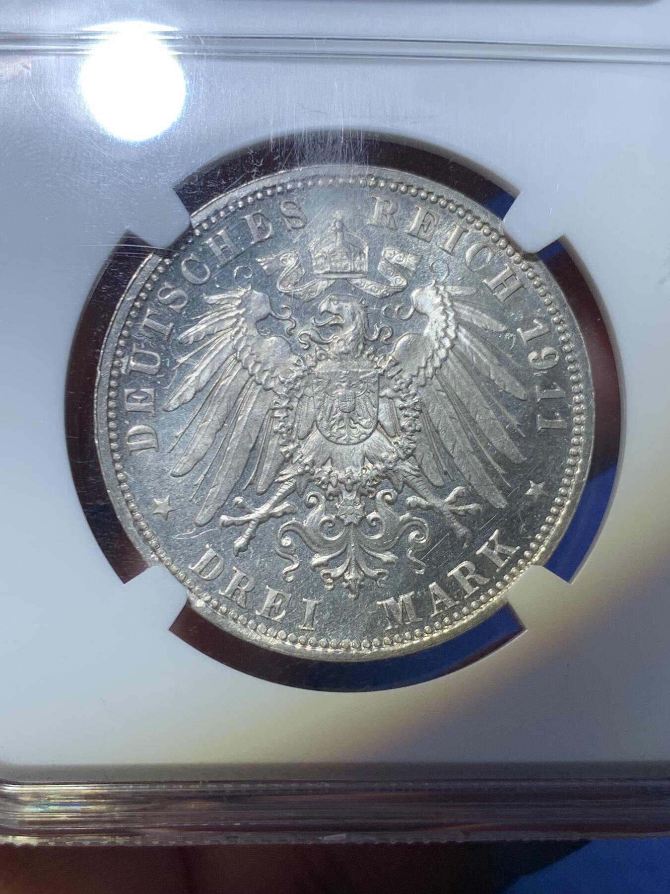 《竞宝斋》第294场- 周日，周一  2场连拍 （全场包邮） NGC MS64 德国巴伐利亚1911年利奥波德3马克银币