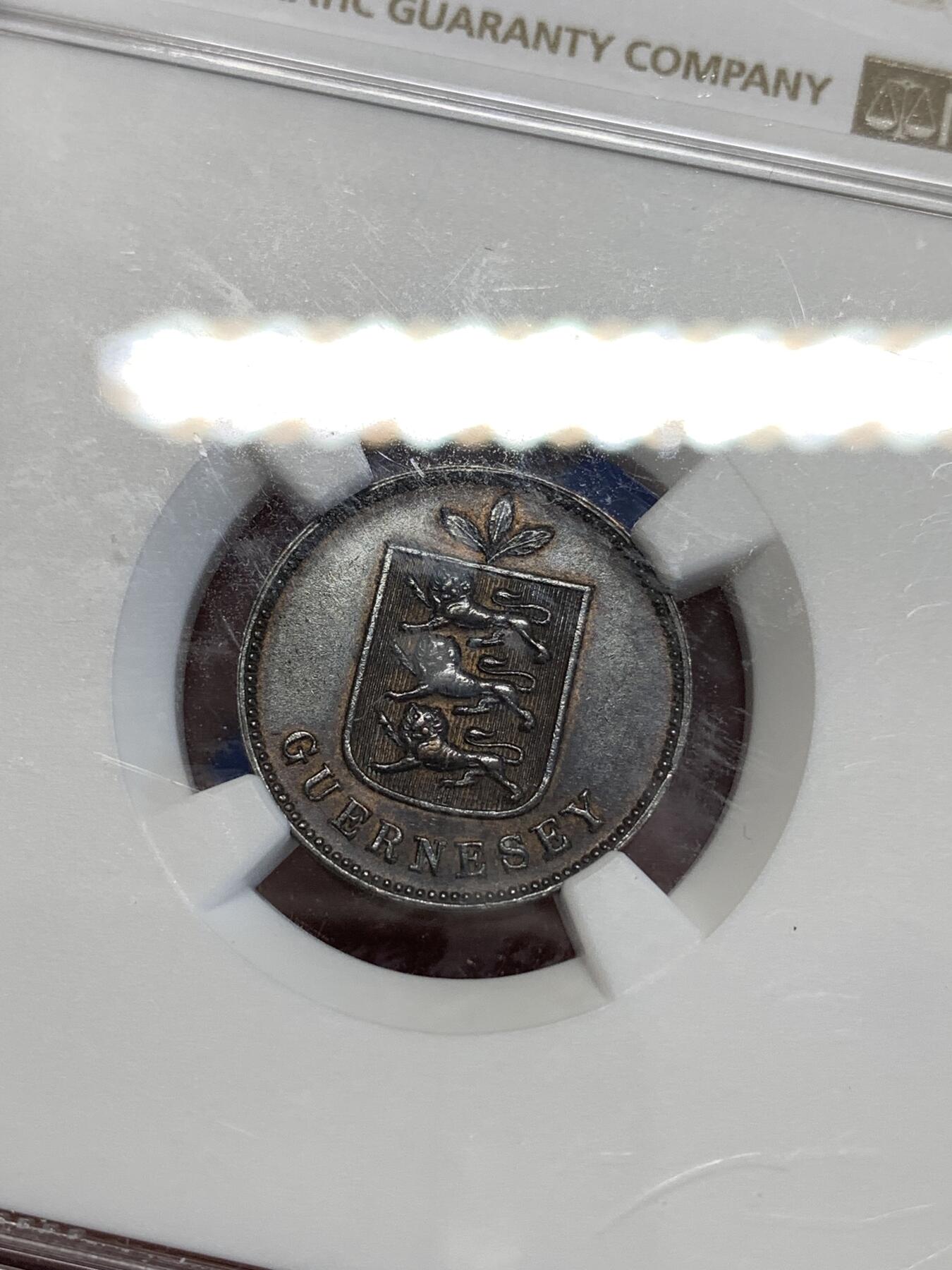 《竞宝斋》第294场- 周日，周一  2场连拍 （全场包邮） NGC MS61BN 英属根西岛1889年1道布铜币