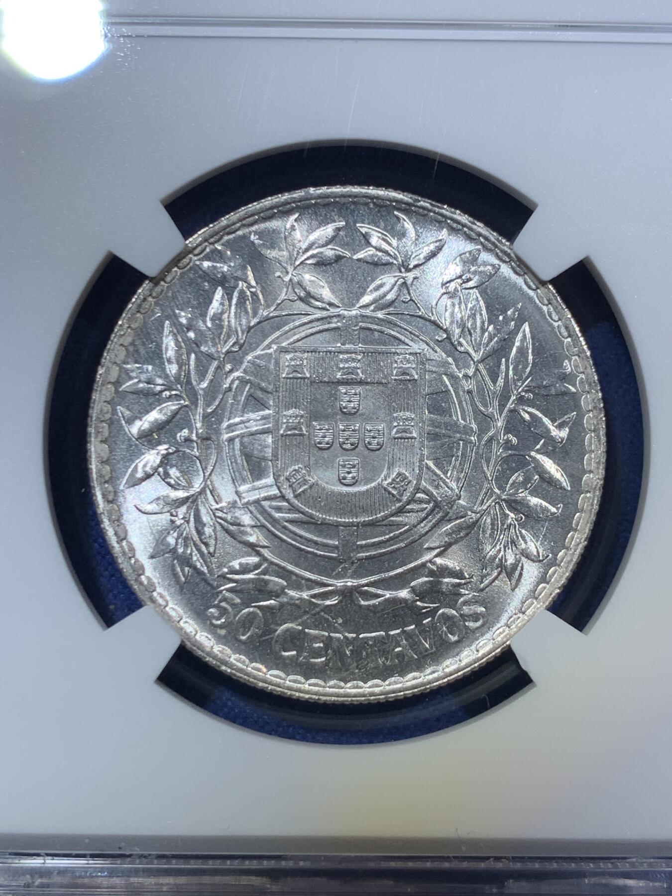 《竞宝斋》第294场- 周日，周一  2场连拍 （全场包邮） NGC MS64 葡萄牙1916年自由女神半圆50分银币