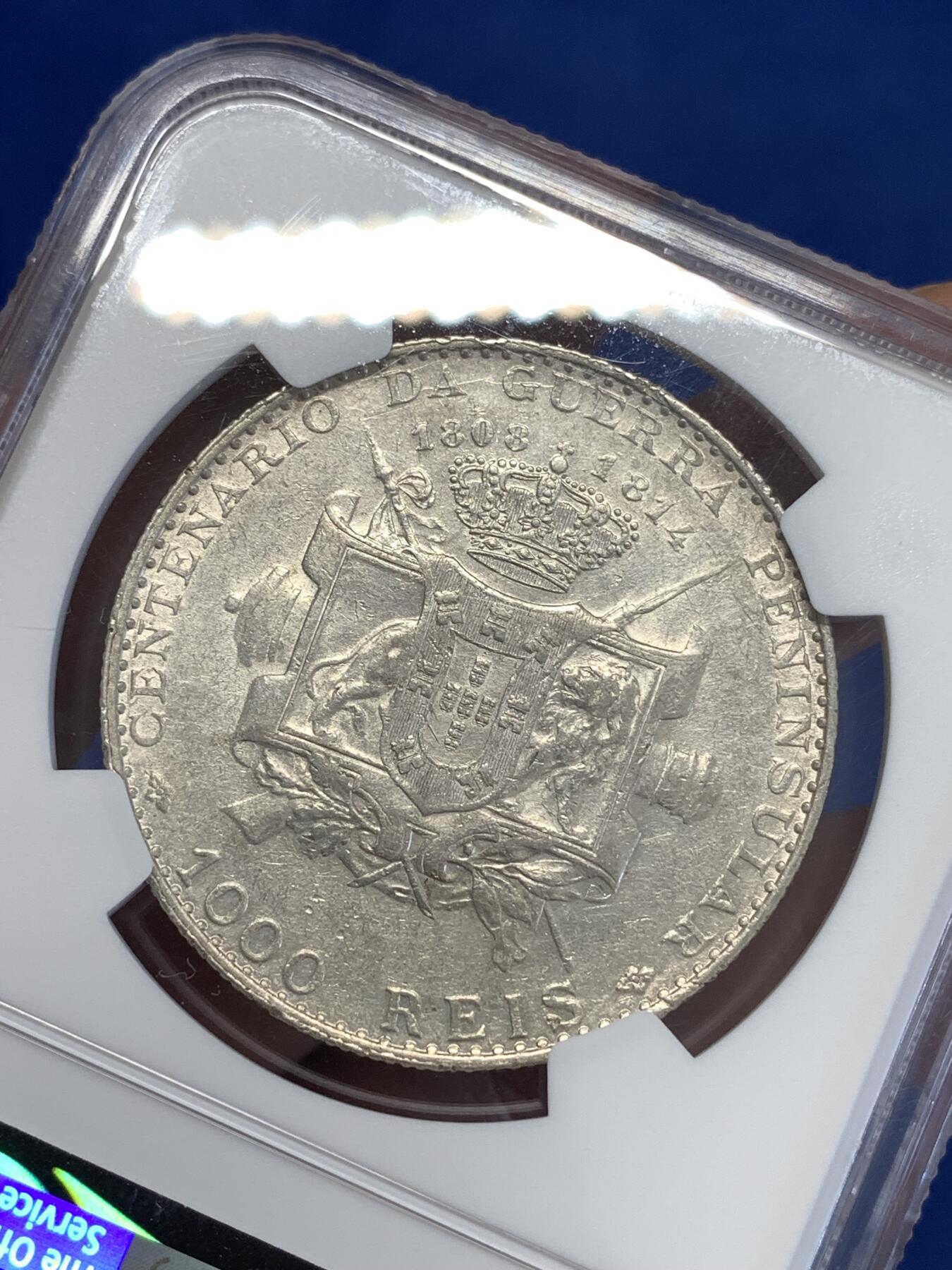 《竞宝斋》第294场- 周日，周一  2场连拍 （全场包邮） NGC AU53 葡萄牙 1910年 半岛百年战争纪念 1000R大银币 非常稀少的品种