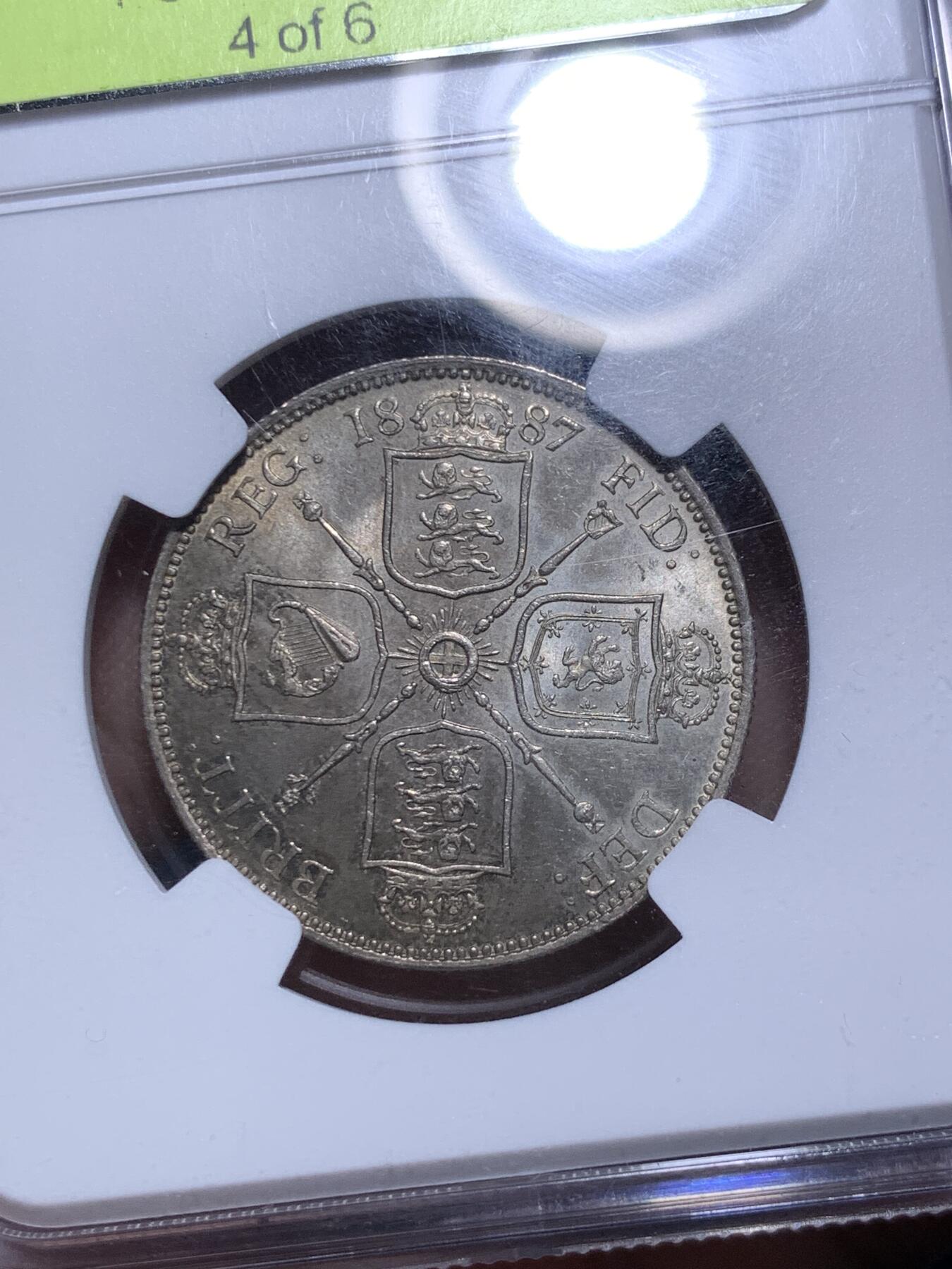 《竞宝斋》第294场- 周日，周一  2场连拍 （全场包邮） NGC MS65 英国 1887年维多利亚高冠2先令/1弗罗洛林银币