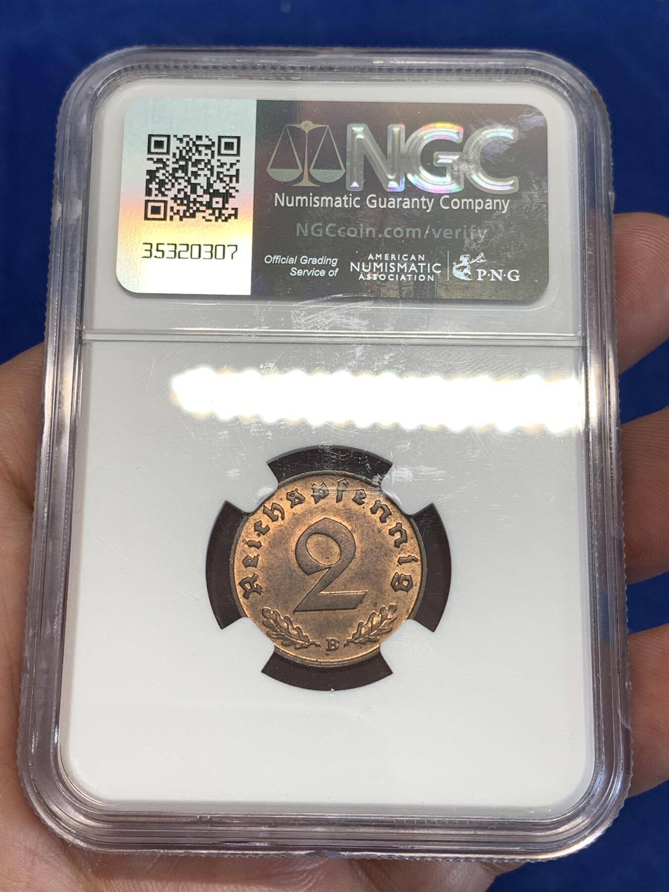 《竞宝斋》第294场- 周日，周一  2场连拍 （全场包邮） NGC MS63RB 1939B德意志第三帝国2芬尼铜币