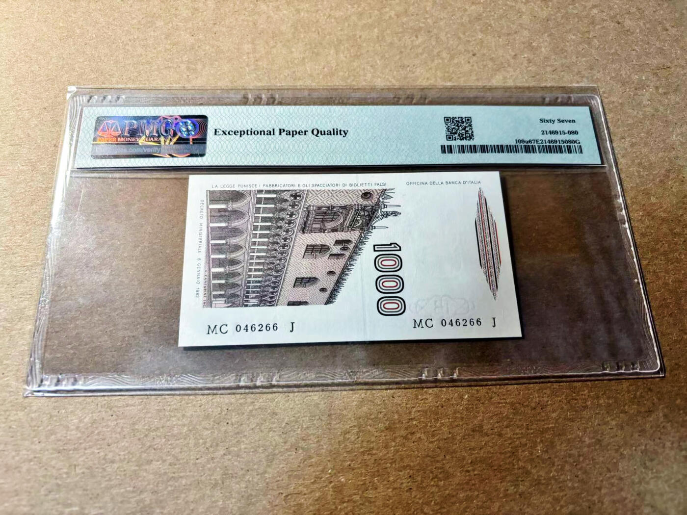 【Blue Auction】✨世界纸币精拍第520期【精】 意大利 1982年1000里拉  PMG67EPQ 高分