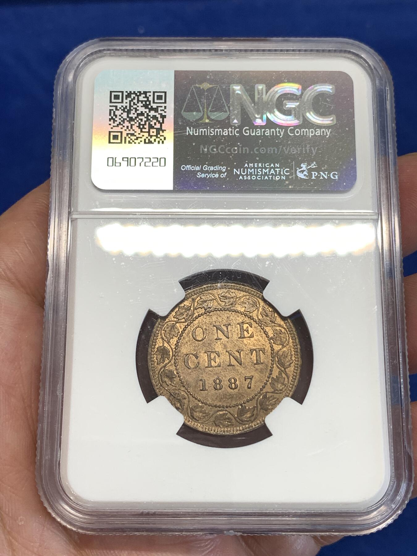 《竞宝斋》第294场- 周日，周一  2场连拍 （全场包邮） NGC MS64RB 加拿大1887年1分铜币 少见品种，近rd状态的铜光，经典年份，维多利亚时代日不落的象征